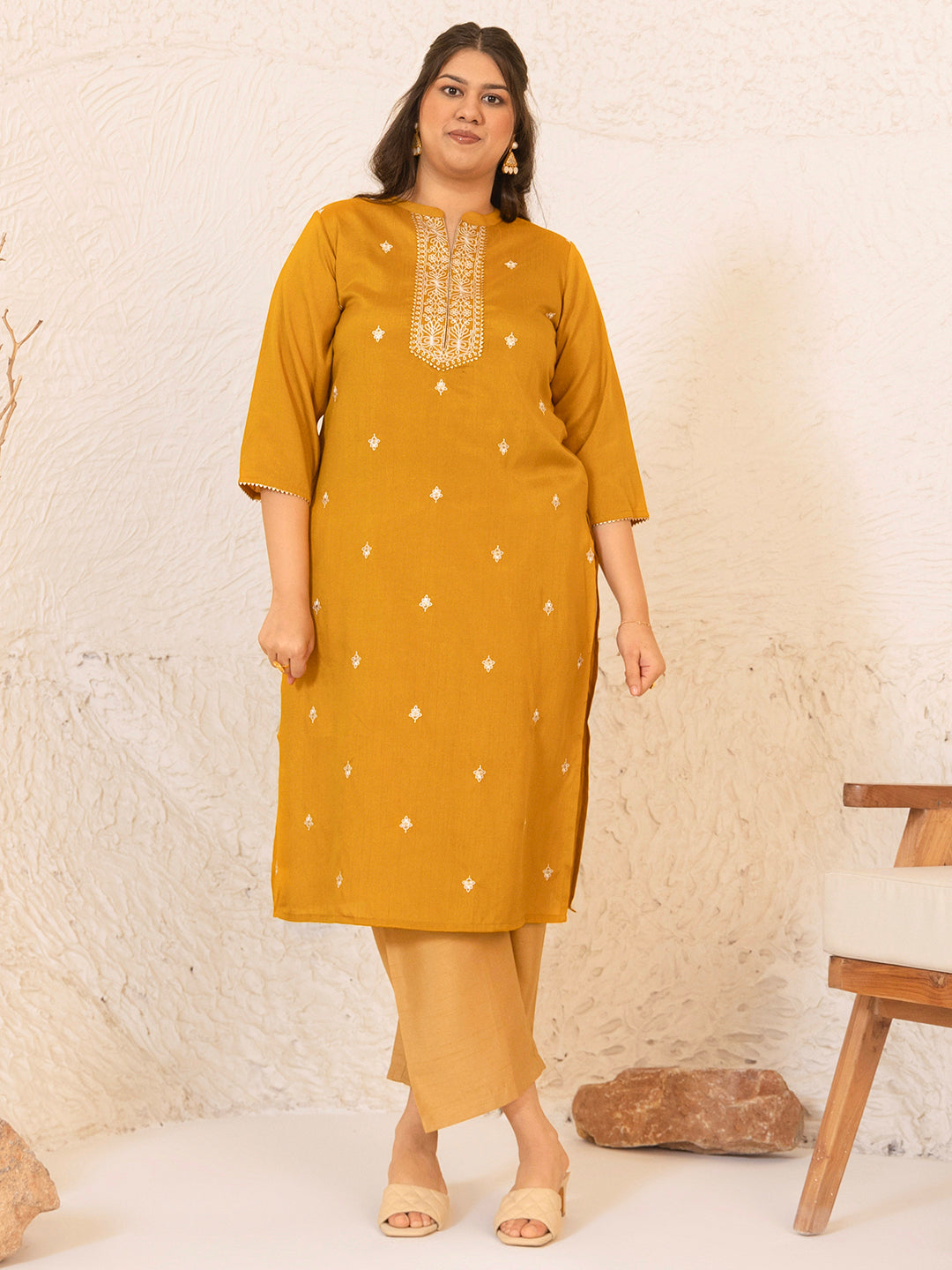 Women's Mustard Crepe Silk Embroidered Kurta - Janasya