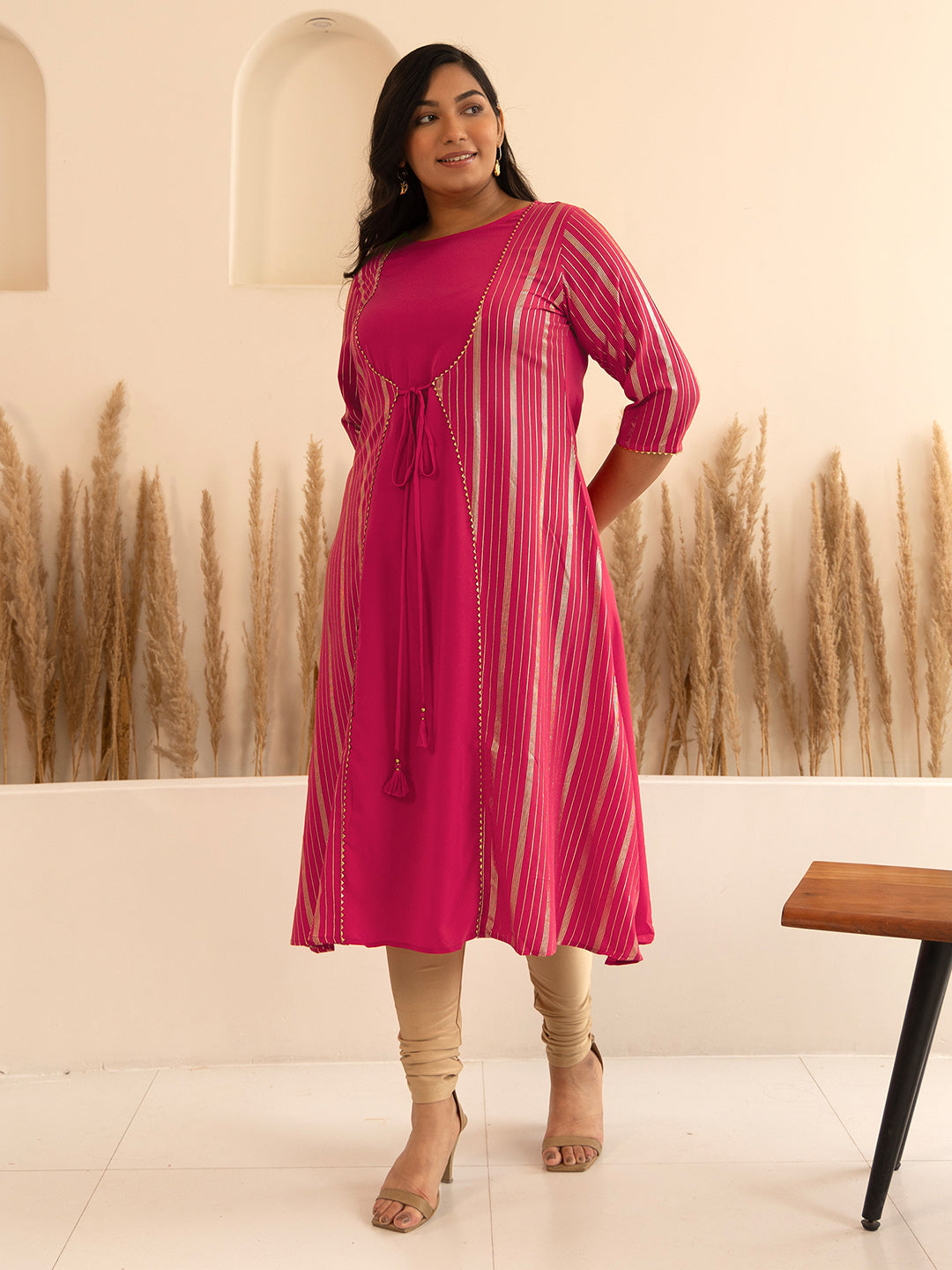 Women's Dark Pink Crepe Foil Printed Kurta - Janasya