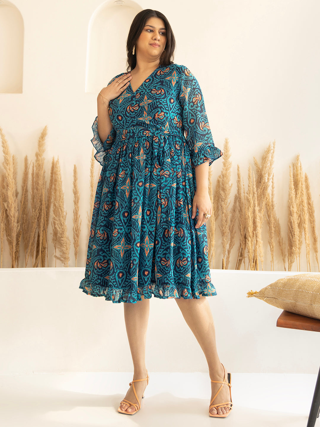 Women's Blue Dobby Georgette Ikat Printed Dress - Janasya