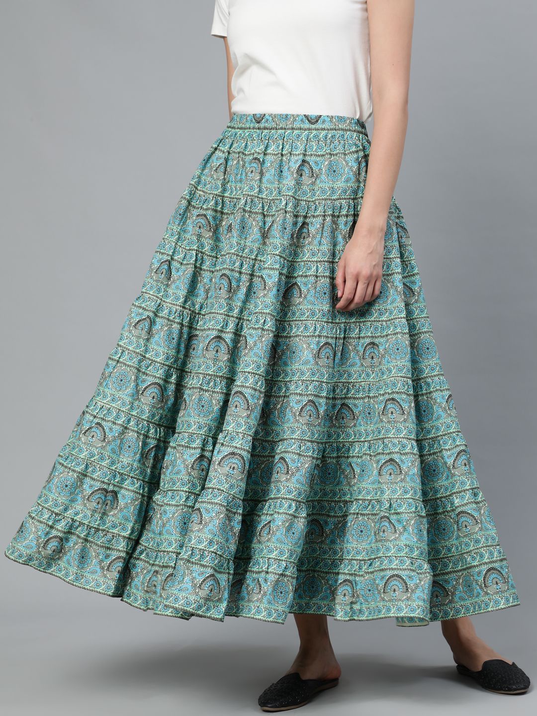 Women's Blue & Grey Printed Tiered Skirt - AKS