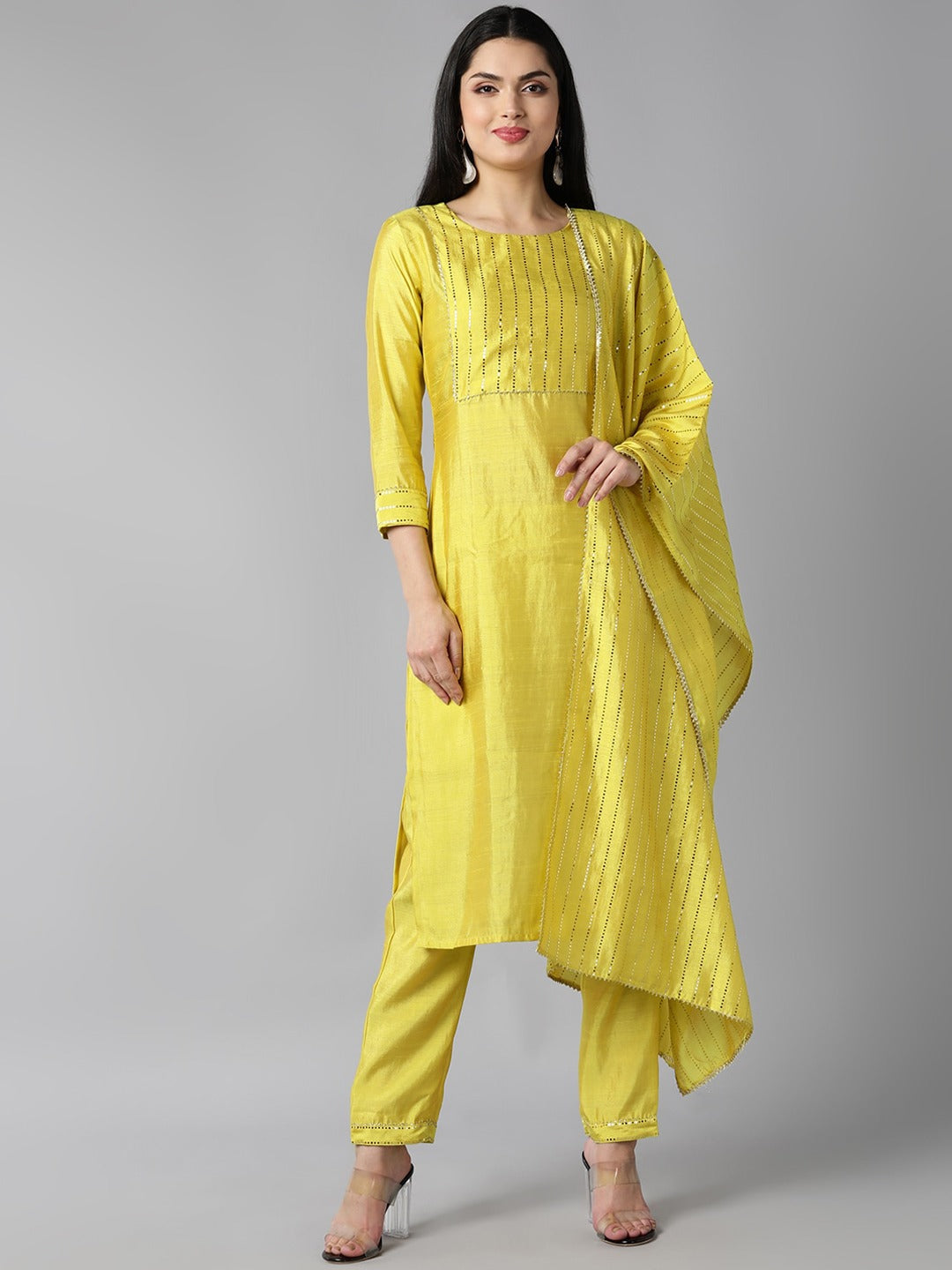 Women's Yellow Yoke Design Regular Kurta With Pants Dupatta - Ahika