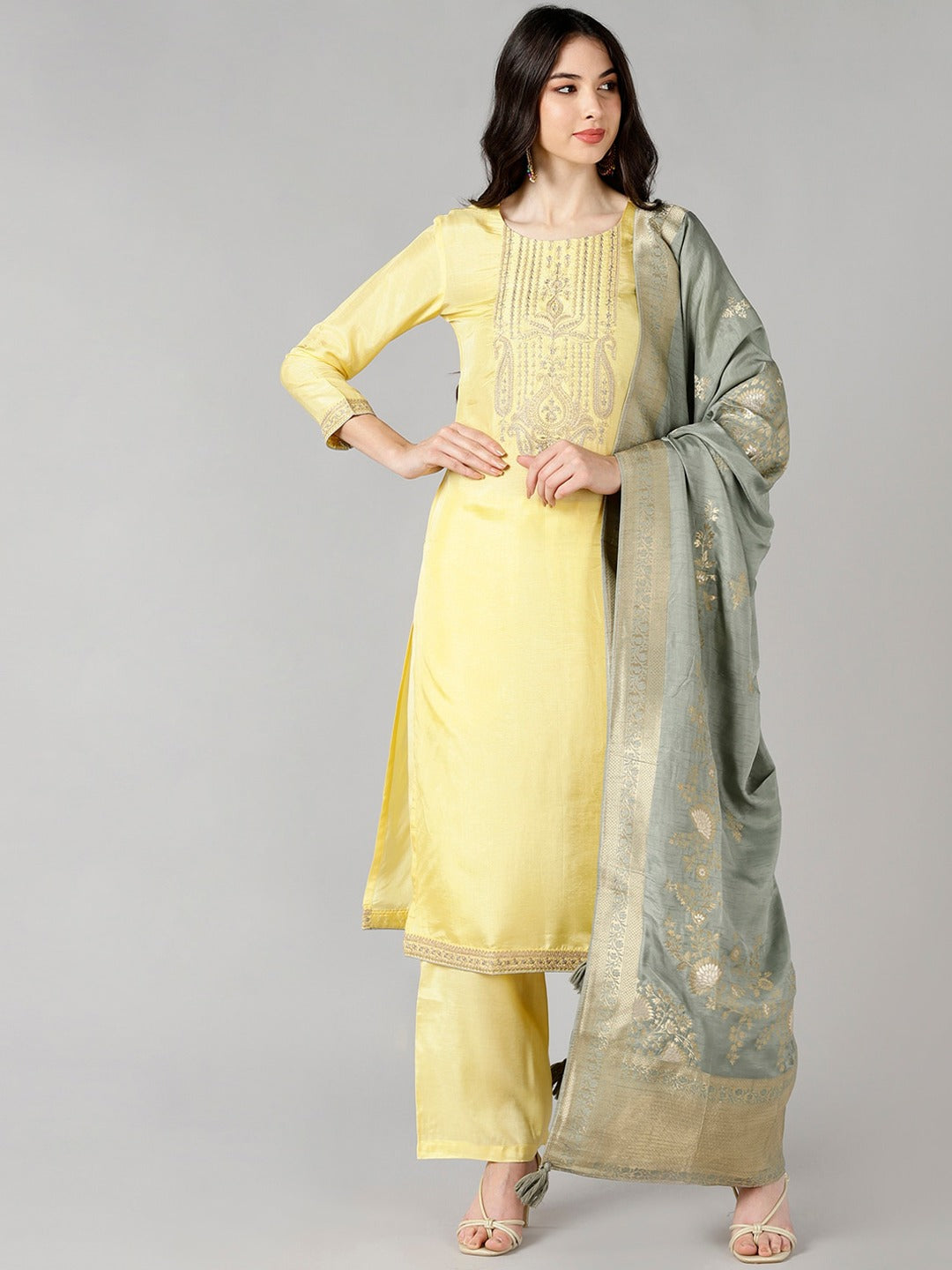 Women's Yellow Poly Silk Embroidered Straight Kurta Pant Set With Dupatta - Ahika