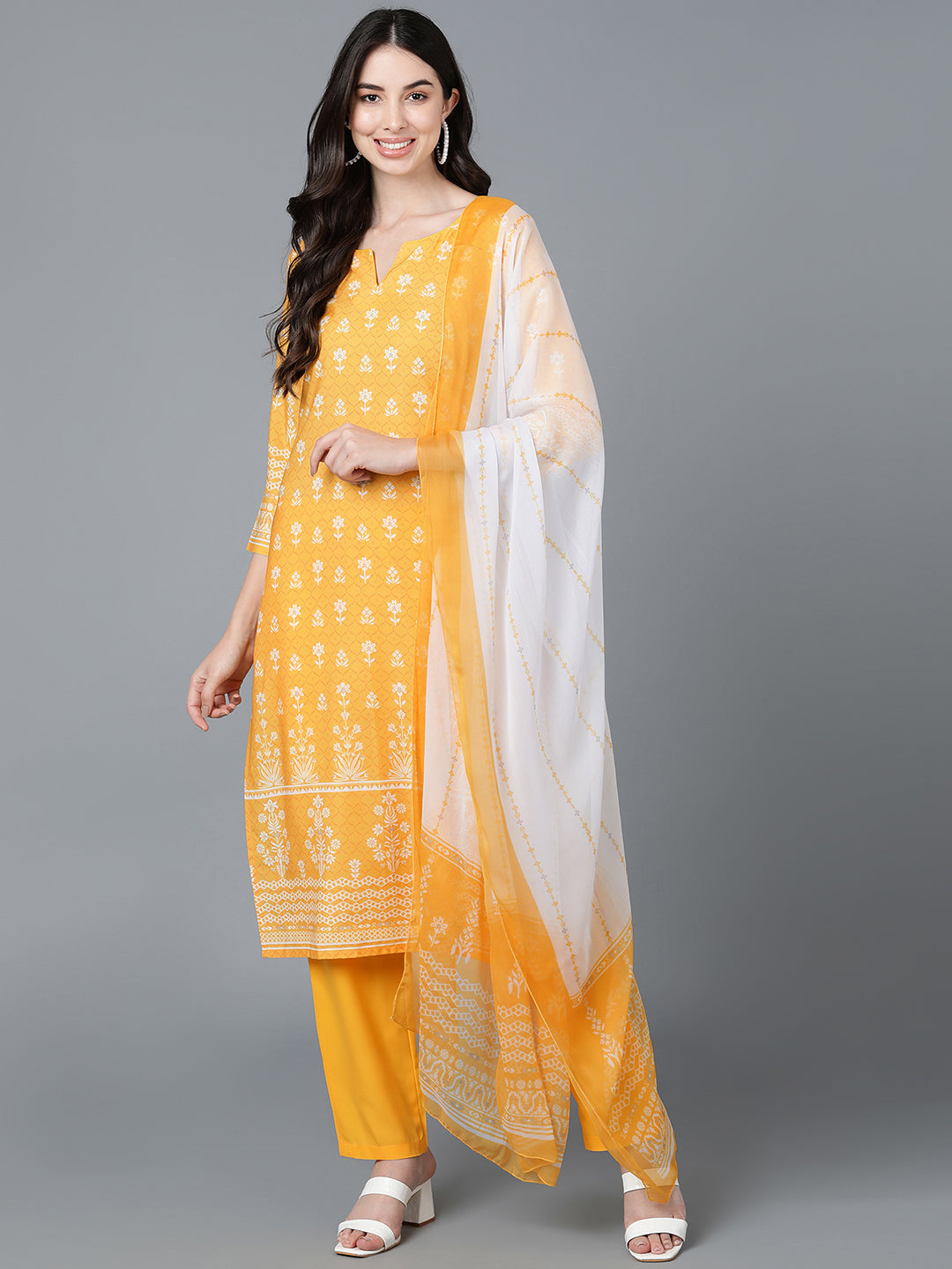 Women's Yellow Polyester Printed Straight Kurta Pant Set With Dupatta - Ahika