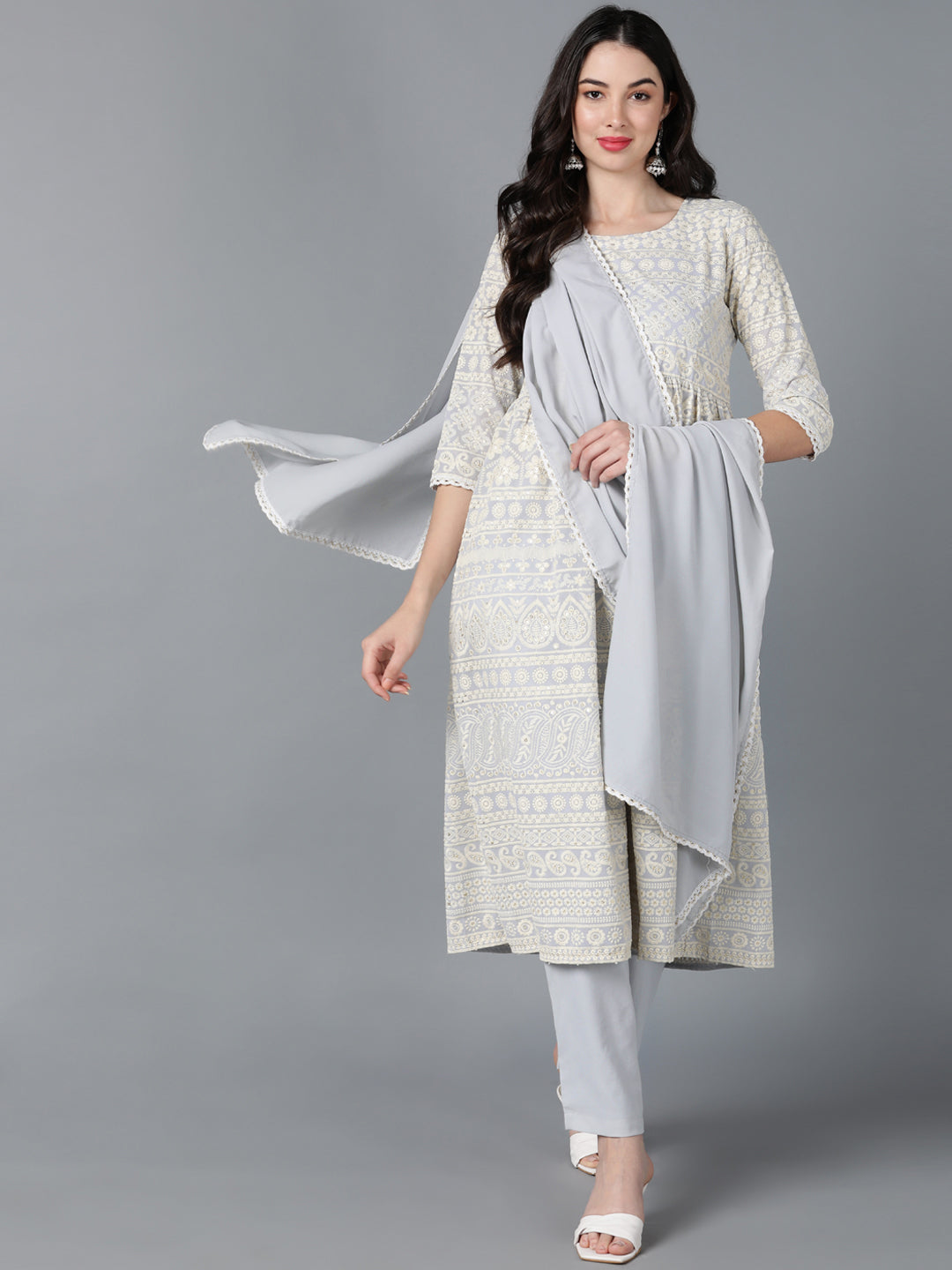 Women's Grey Poly Georgette Embroidered Anarkali Kurta Palazzo Set With Dupatta - Ahika