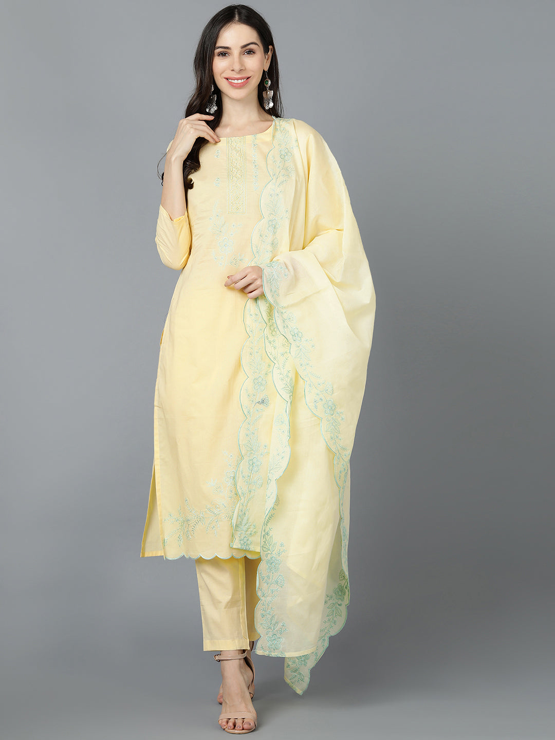 Women's Yellow Poly Silk Embroidered Straight Kurta Pant Set With Dupatta - Ahika