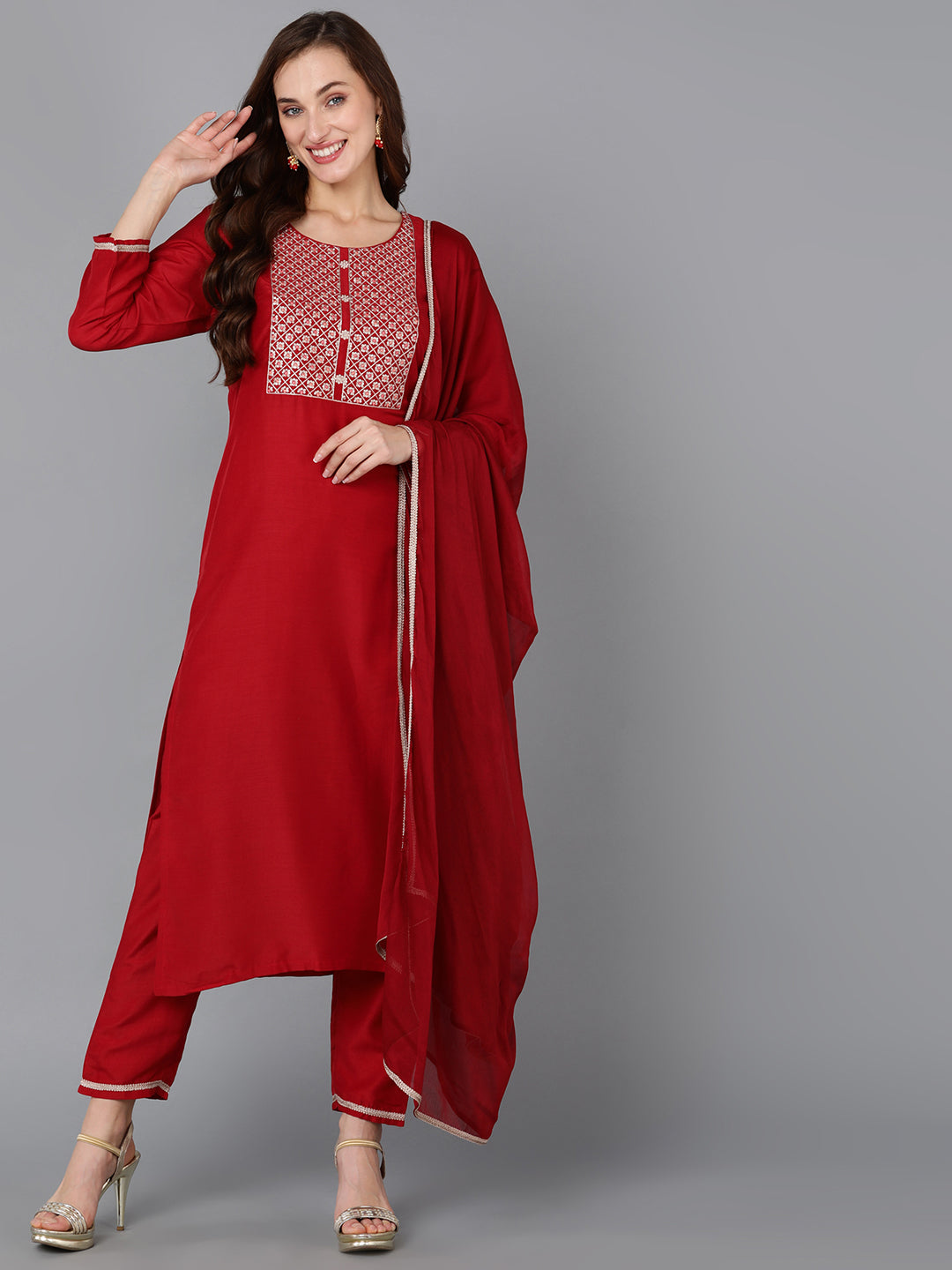 Women's Yoke Design Kurta Pants With Dupatta - Ahika