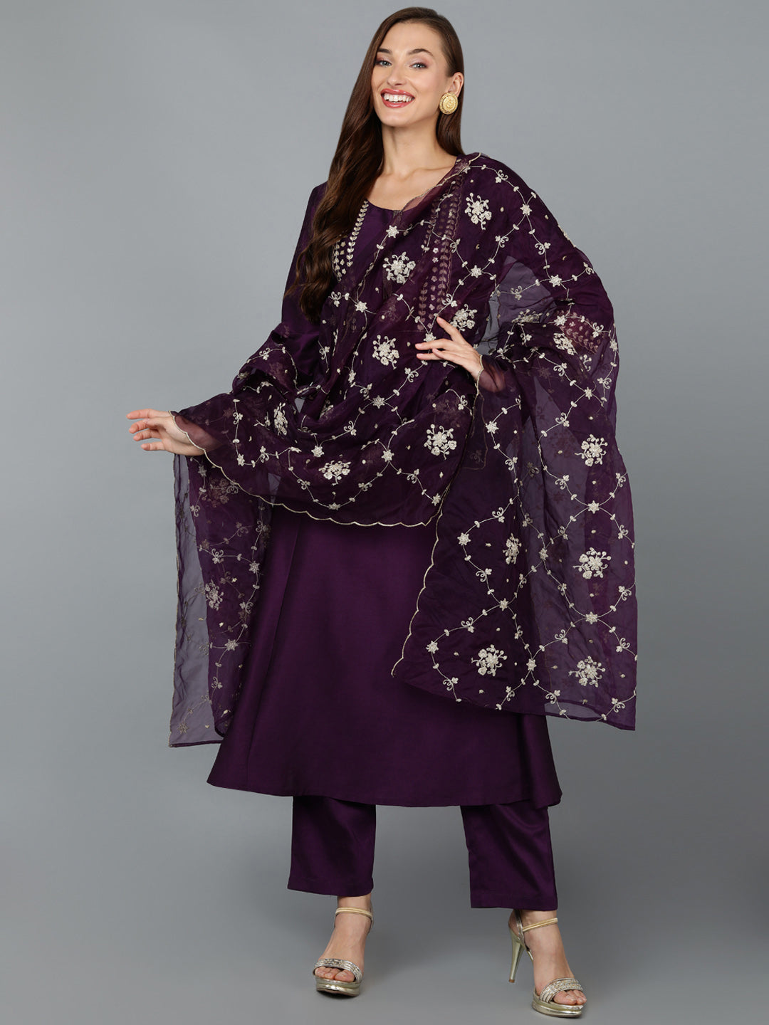 Women's Purple Silk Blend Embroidered Anarkali Festive Wear-Ahika - Ahika