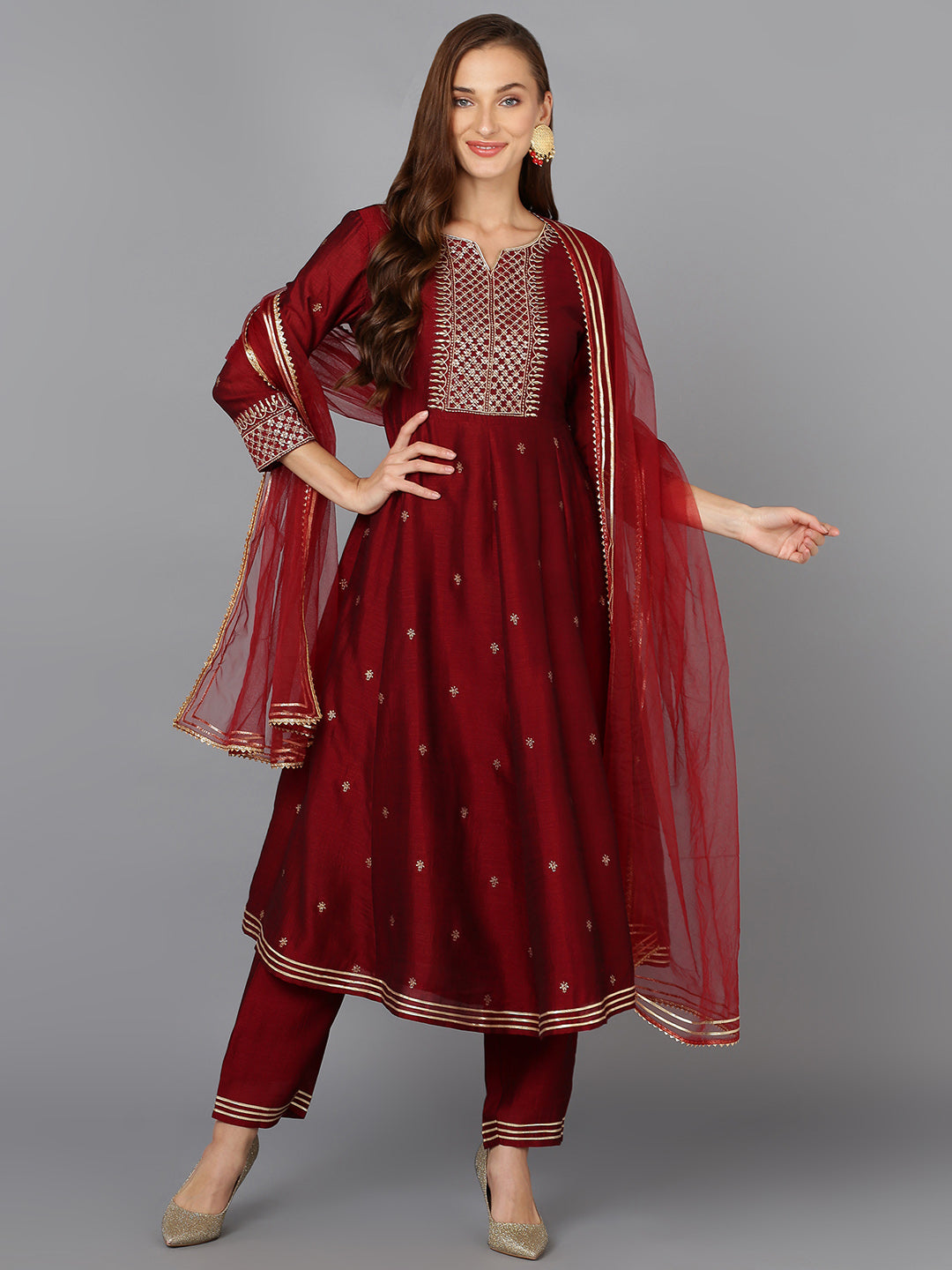 Women's Silk Blend Maroon Anarkali Festive Wear Suit Set - Ahika