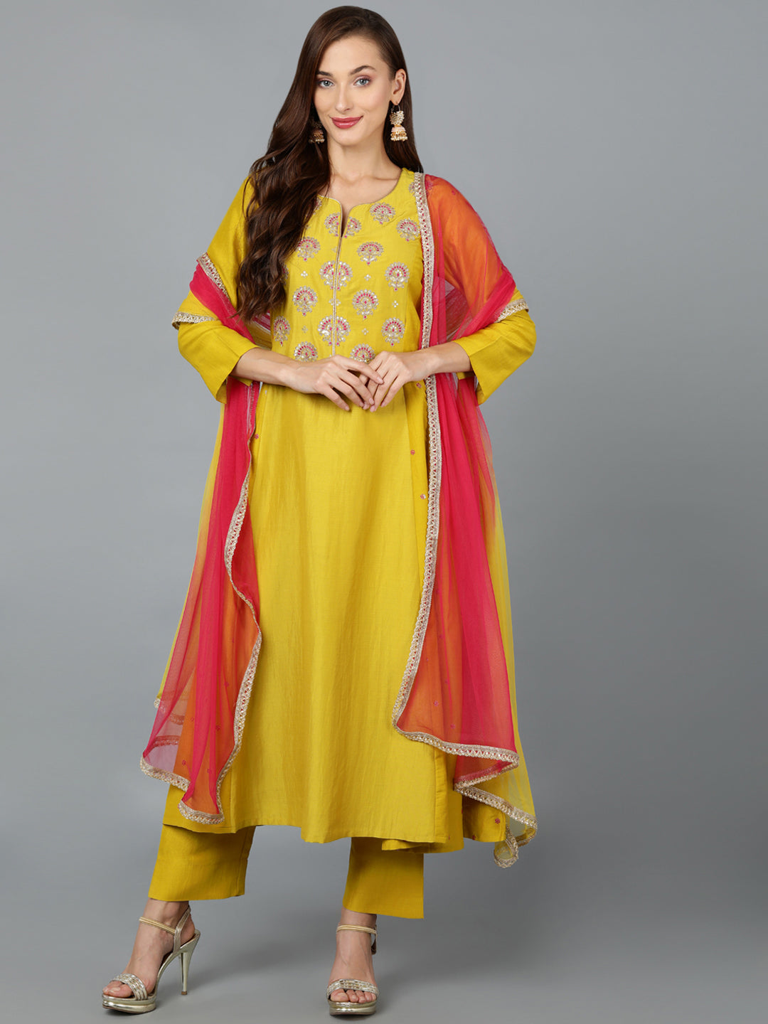 Women's Silk Blend Amber Yellow Embroidered Anarkali Festive Wear-Ahika - Ahika