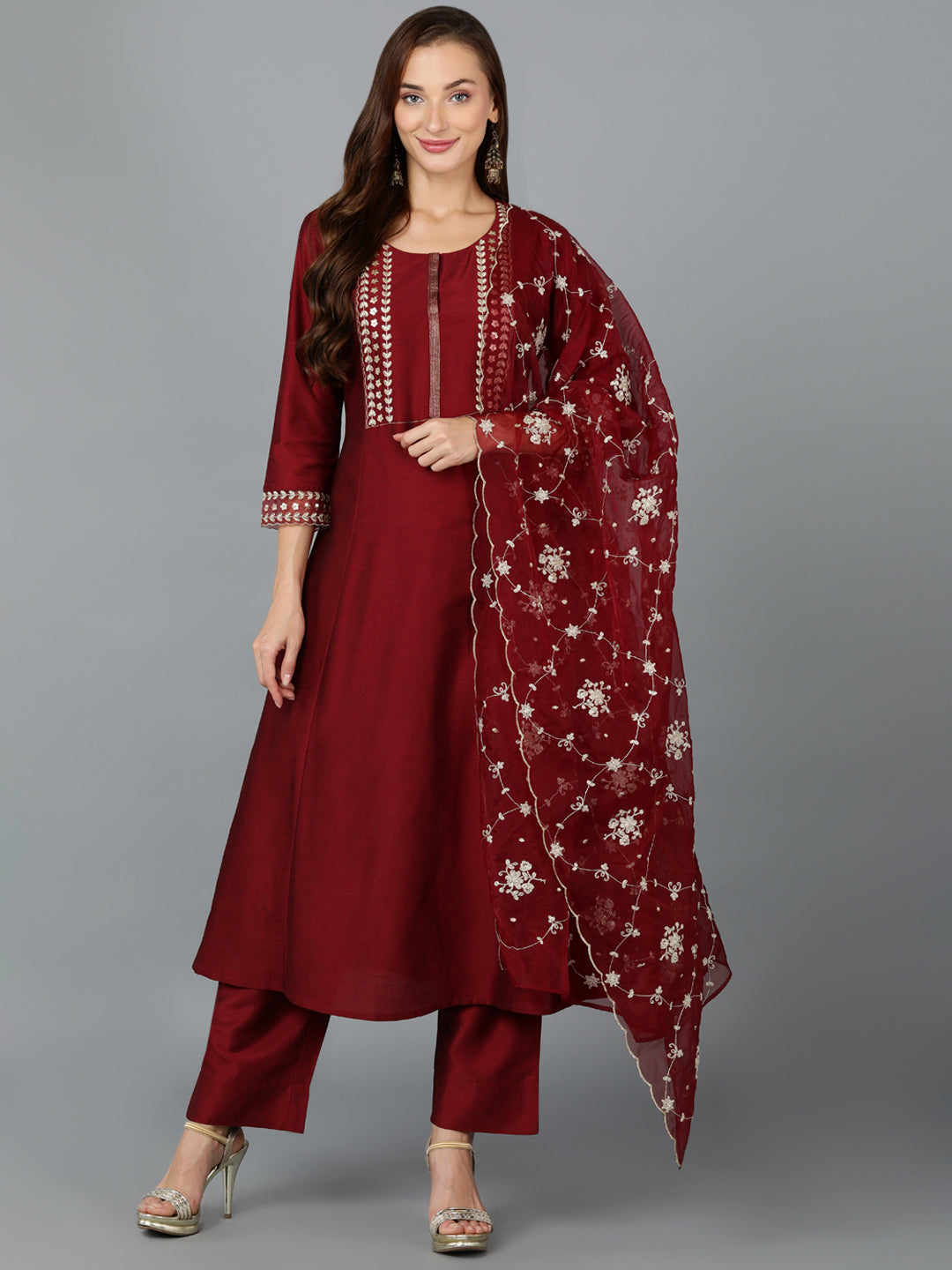 Women's Silk Blend Maroon Embroidered Anarkali Festive Wear-Ahika - Ahika