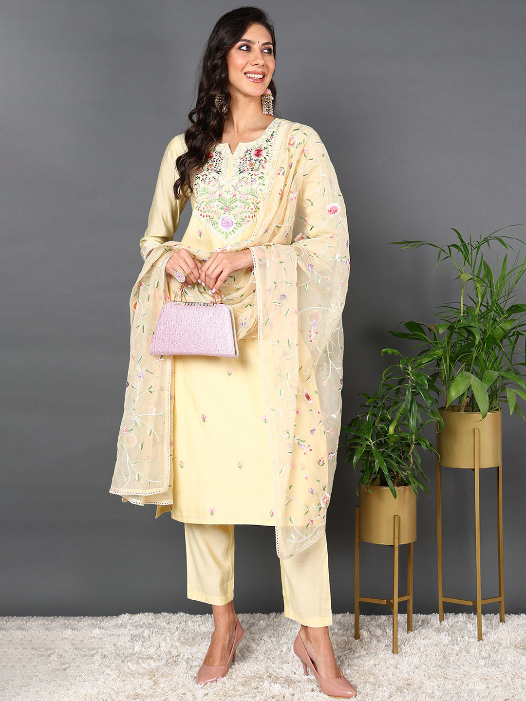 Women's Yellow Silk Blend Solid Embroidered Kurta Pant With Dupatta  - Ahika