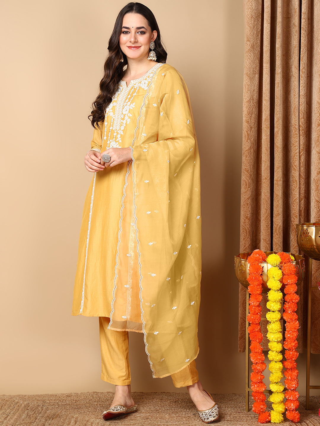 Women's Yellow Silk Blend Embroidered Straight Kurta Pant Set With Dupatta - Ahika