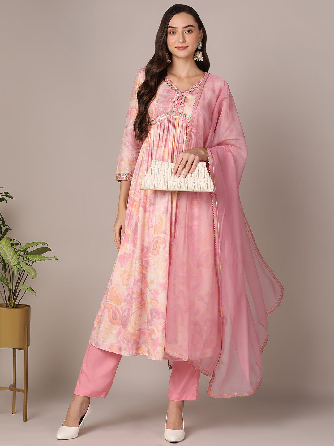 Women's Pink Silk Blend Ombre Mirror Work Anarkali Kurta Pant With Dupatta - Ahika