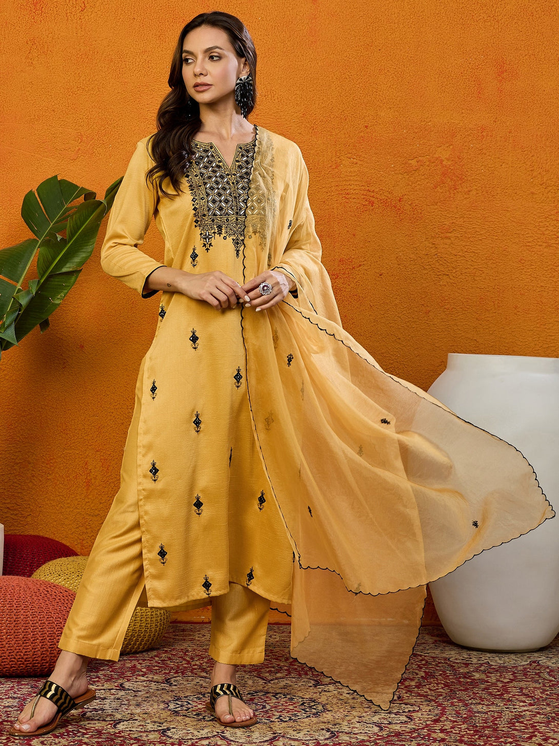 Women's Yellow Silk Blend Embroidered Straight Kurta Pant Set With Dupatta - Ahika