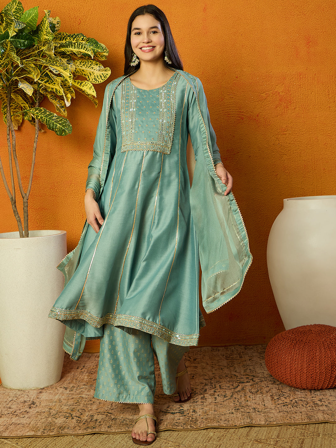 Women's Sea Green Silk Blend Embroidered Anarkali Kurta Palazzo Set With Dupatta - Ahika