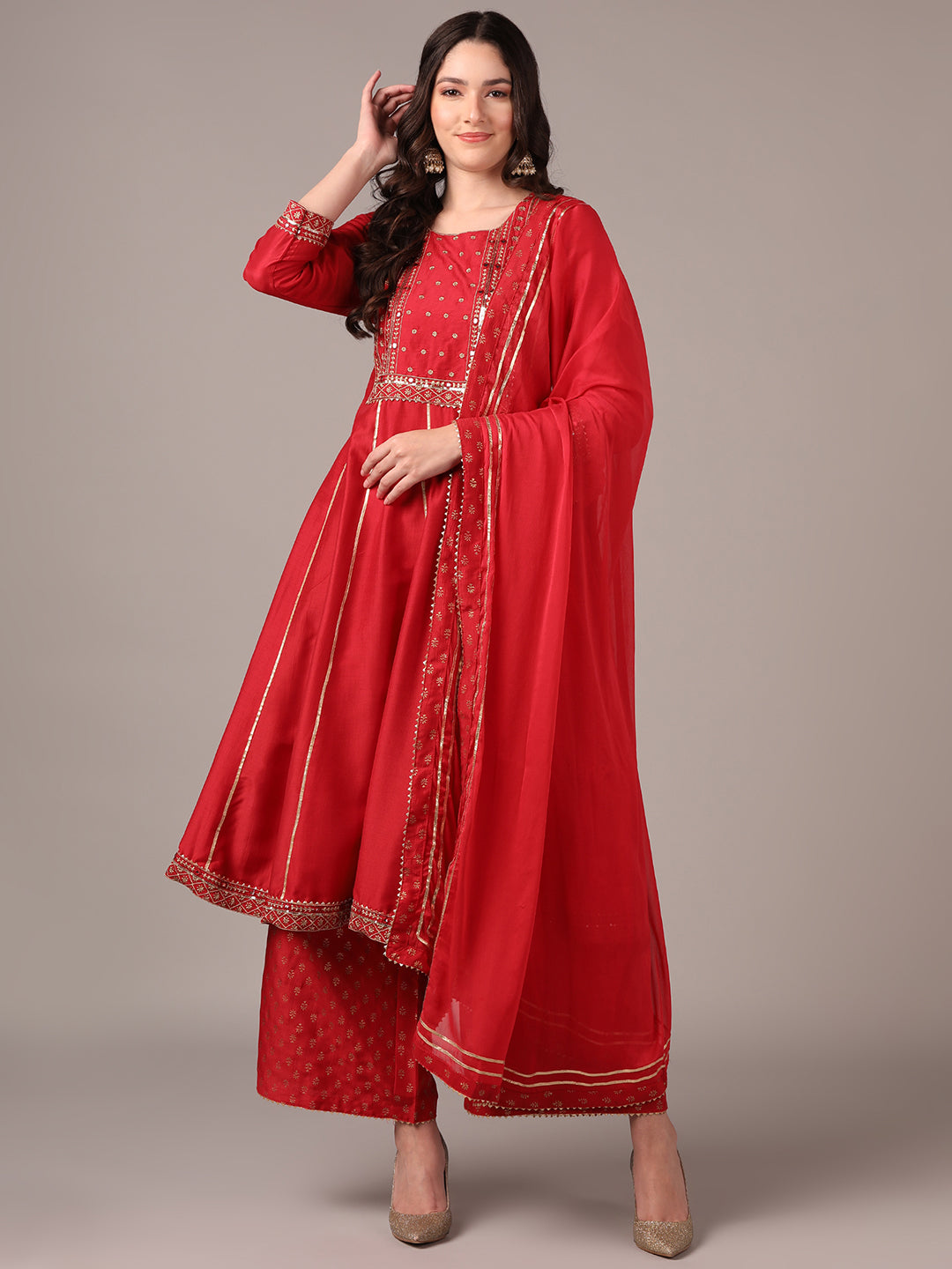 Women's Red Silk Blend Solid Yoke Design Zari Anarkali Kurta Palazzo With Dupatta - Ahika