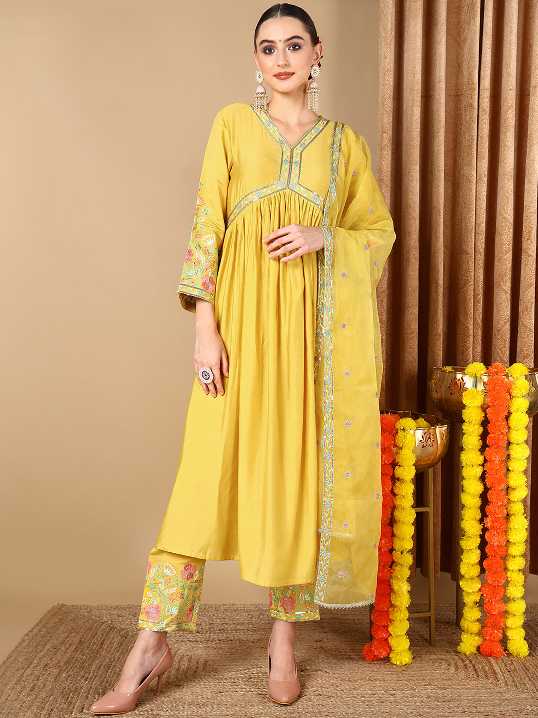 Women's Yellow Silk Blend Solid Embroidered Kurta Pant With Dupatta  - Ahika