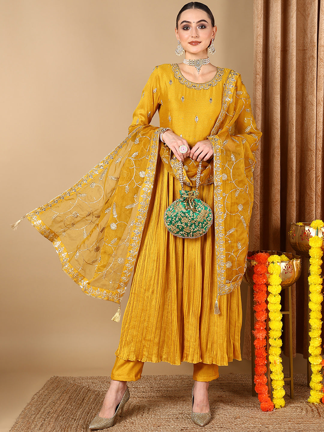 Women's Yellow Silk Blend Solid Embroidered Kurta Pant With Dupatta  - Ahika