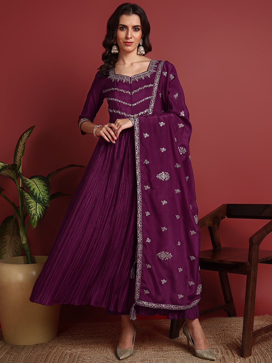 Women's Purple Silk Blend Embroidered Anarkali Kurta Pant Set With Dupatta - Ahika