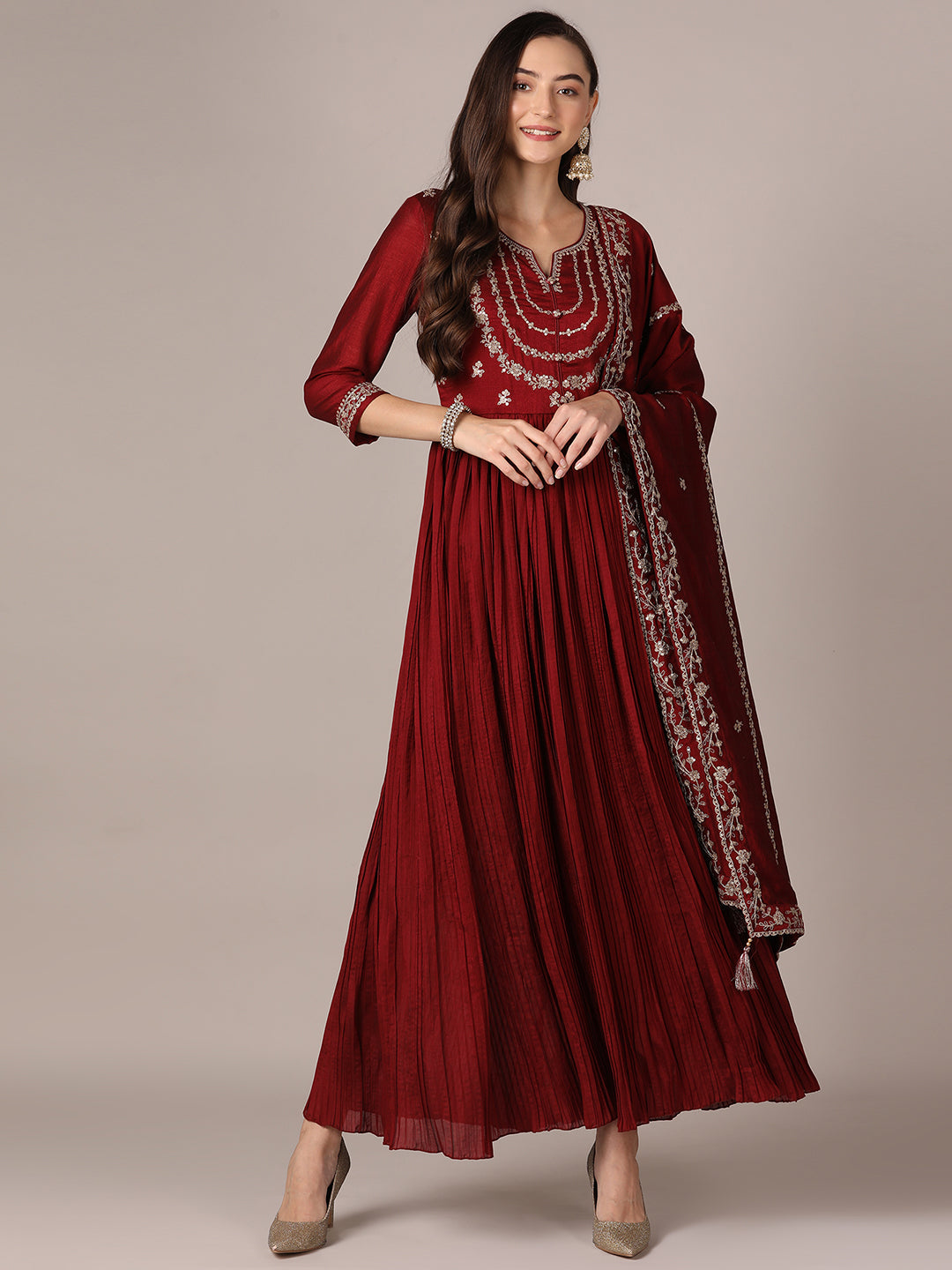 Women's Maroon Silk Blend Solid Embroidered Anarkali Kurta Pant With Dupatta - Ahika