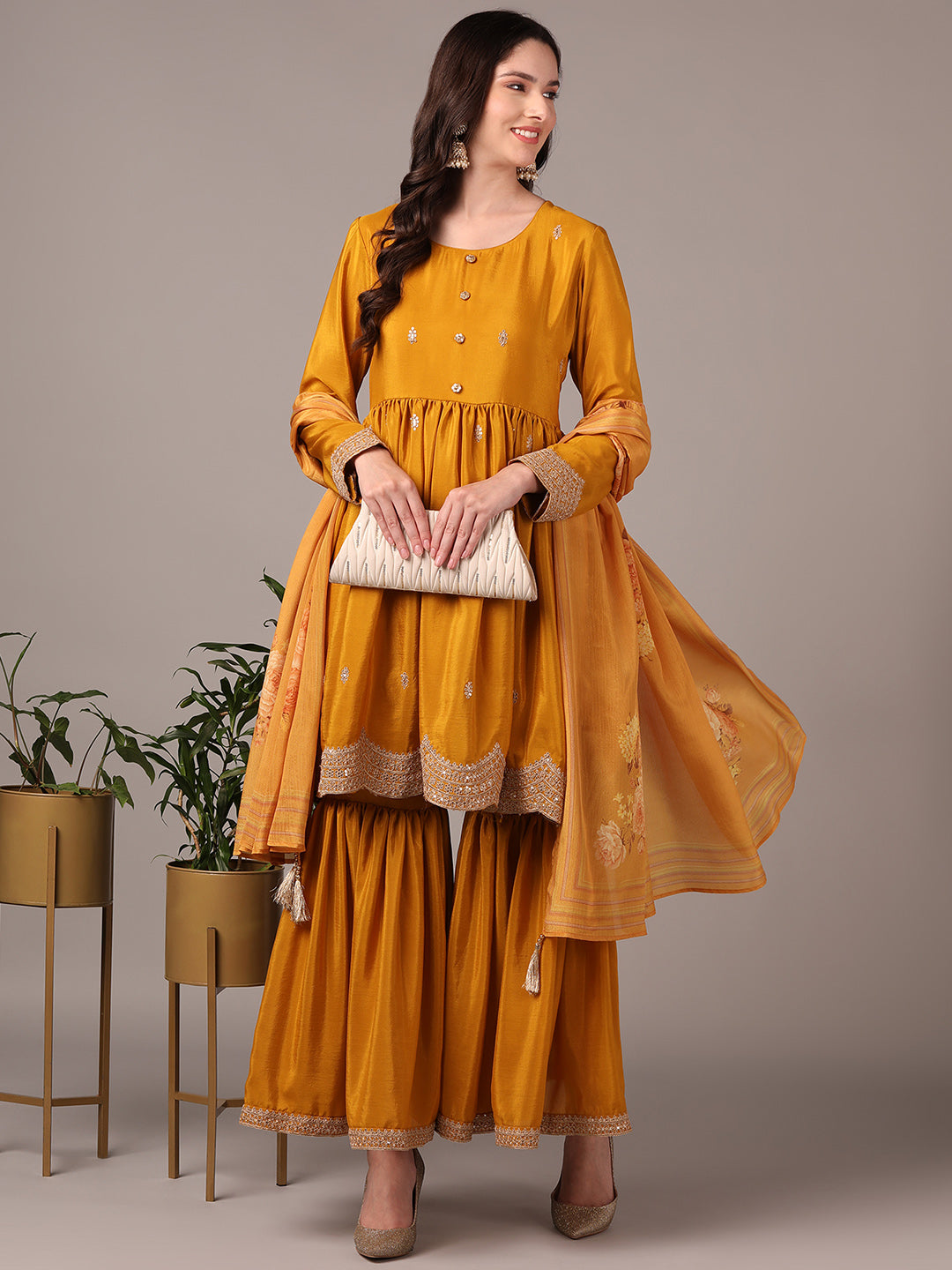 Women's Yellow Silk Blend Soild Embroidered Zari Anarkali Kurta Sharara With Dupatta - Ahika