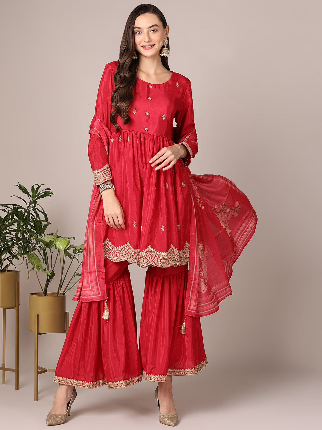 Women's Red Silk Blend Soild Embroidered Anarkali Kurta Sharara With Dupatta - Ahika