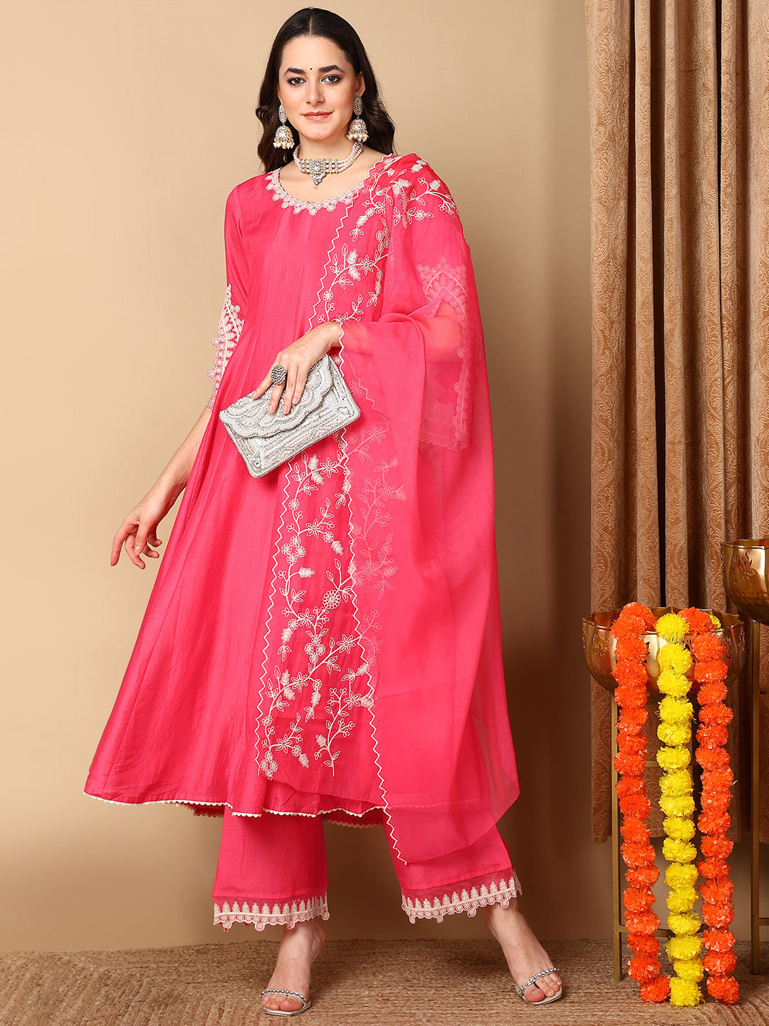 Women's Pink Silk Blend Embroidered Anarkali Kurta Pant Set With Dupatta - Ahika