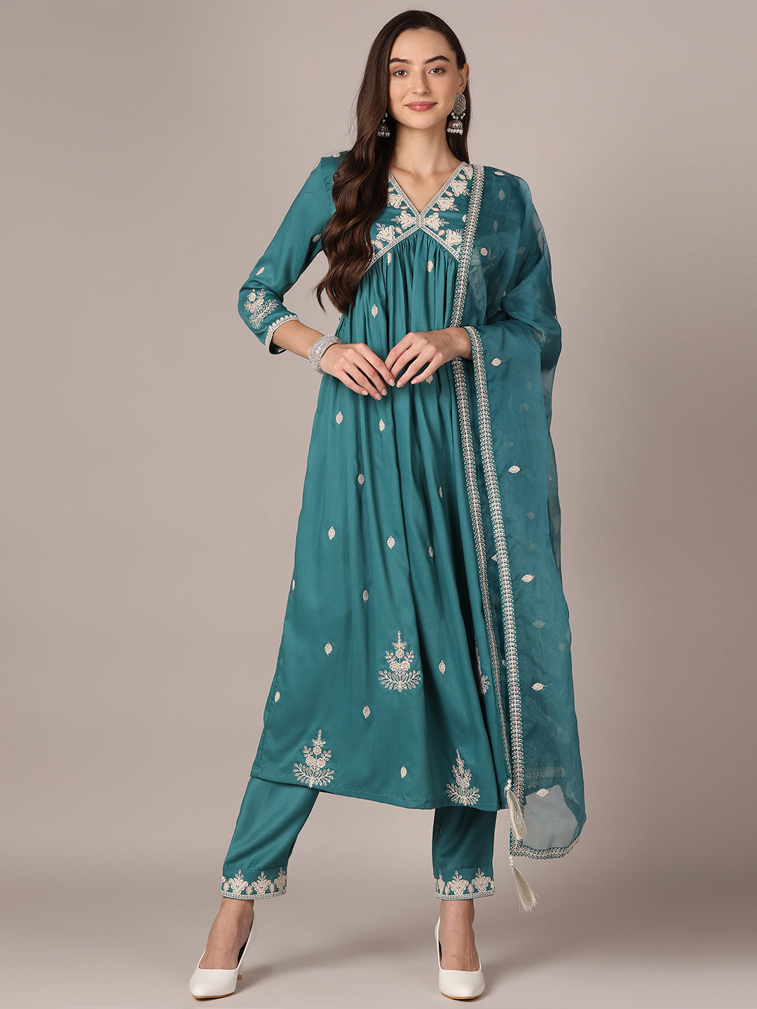 Women's Turquoise Blue Silk Blend Solid Thread Work Anarkali Kurta Pant With Dupatta - Ahika