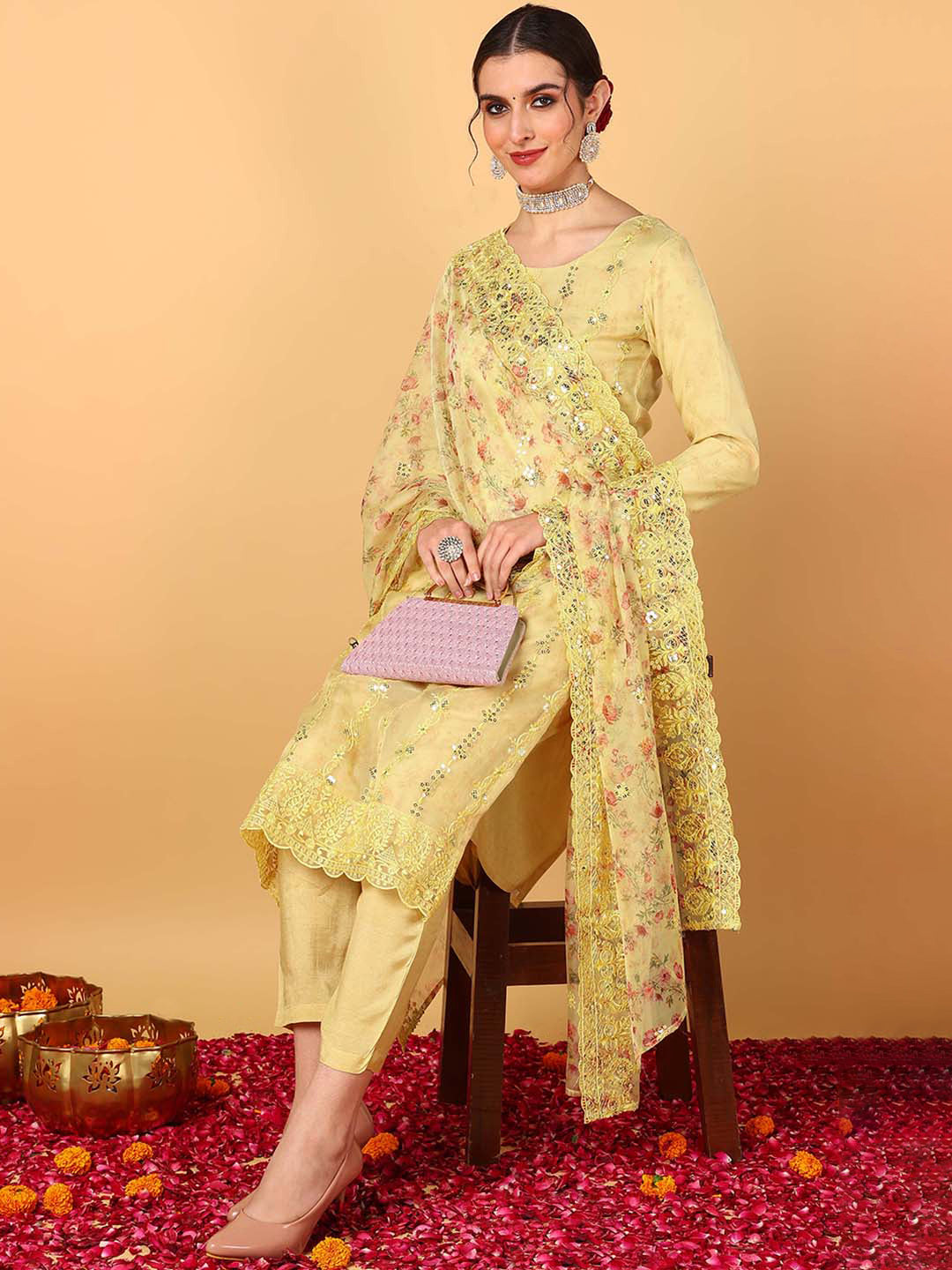 Women's Yellow Organza Embroidered Straight Kurta Pant Set With Dupatta - Ahika