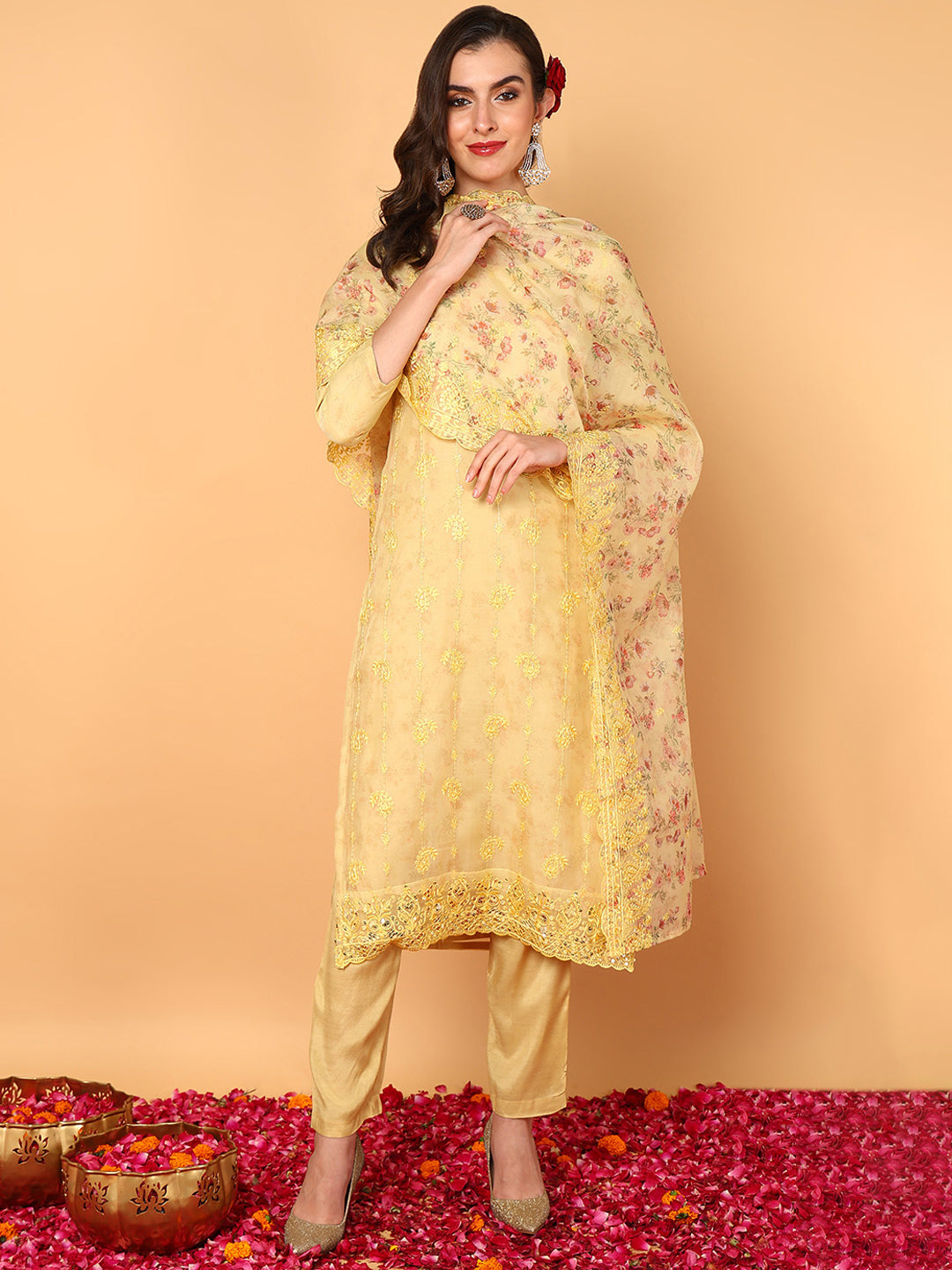 Women's Yellow Organza Embroidered Straight Kurta Pant Set With Dupatta - Ahika