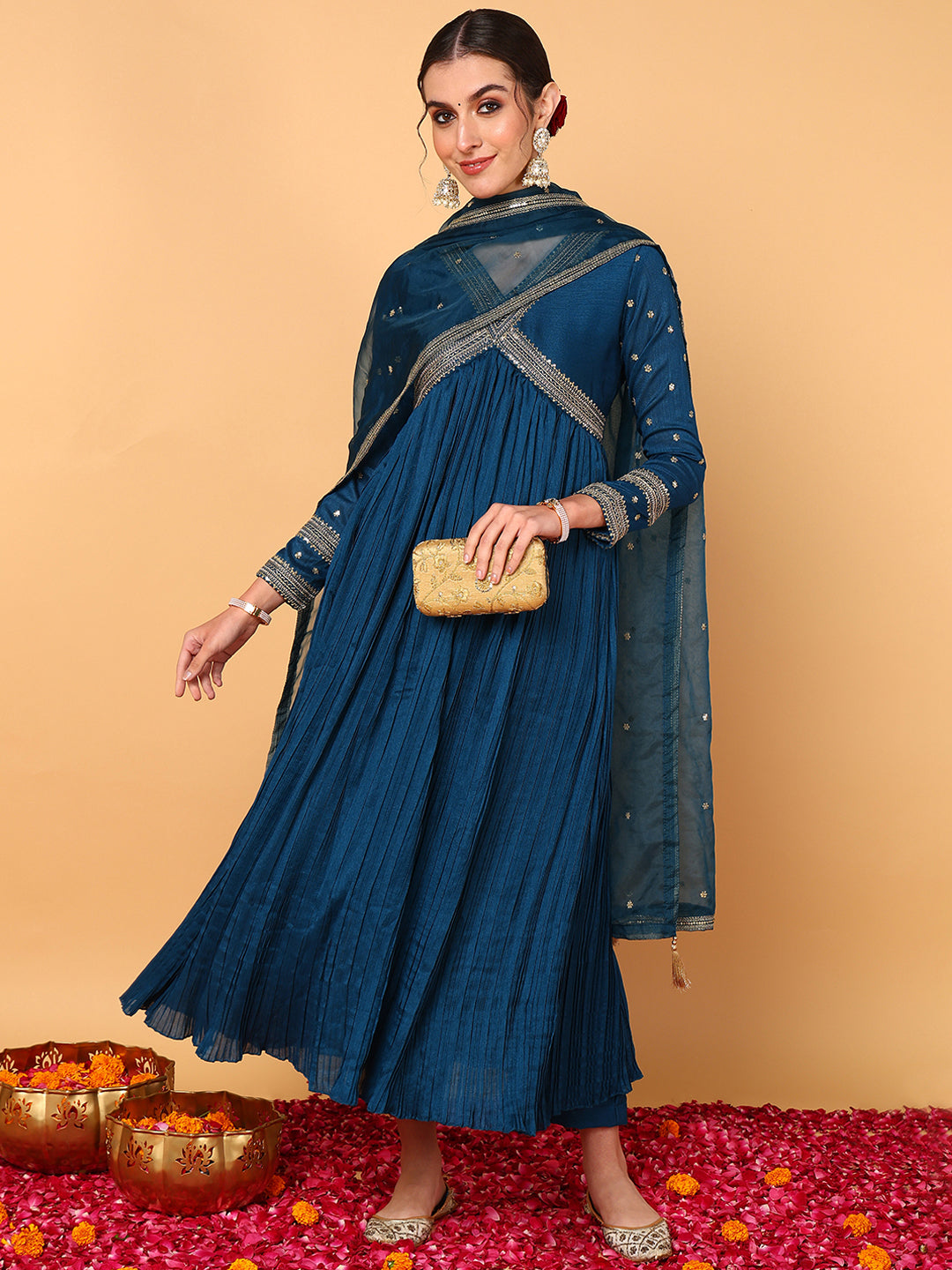 Women's Blue Silk Blend Embroidered Anarkali Kurta Pant Set With Dupatta - Ahika