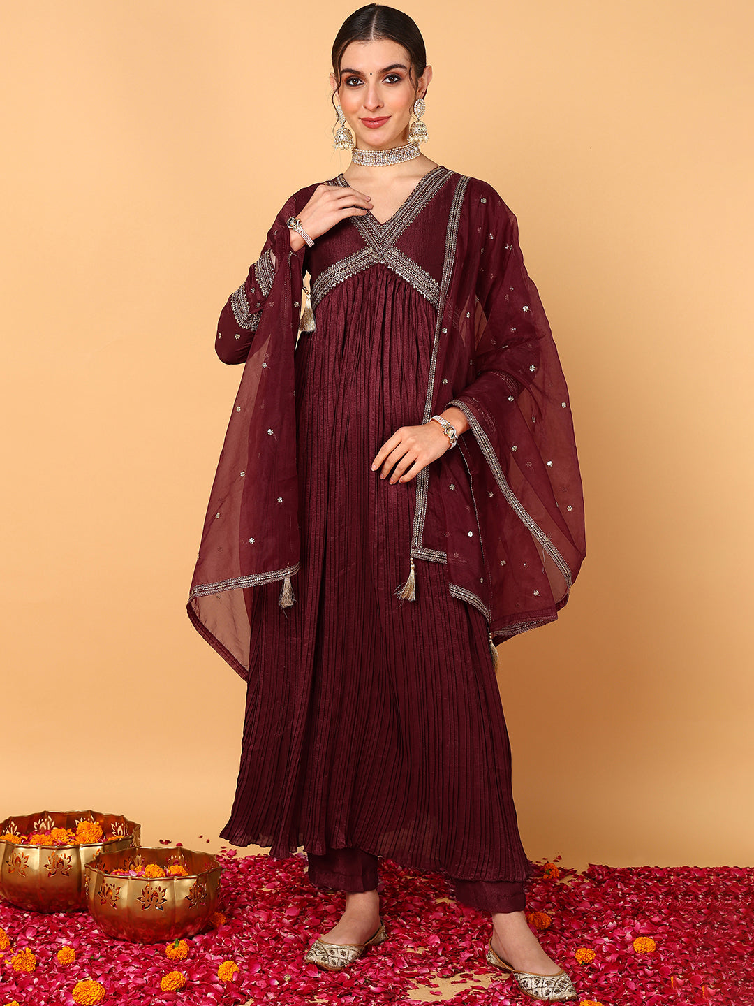 Women's Maroon Silk Blend Embroidered Anarkali Kurta Pant Set With Dupatta - Ahika