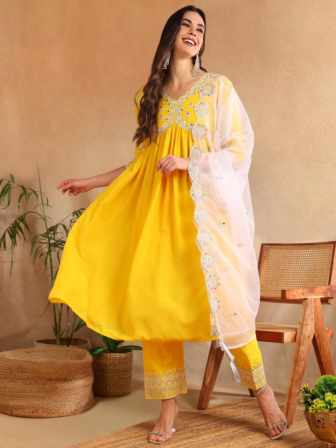 Women's Yellow Silk Blend Embroidered Anarkali Kurta Pant Set With Dupatta - Ahika