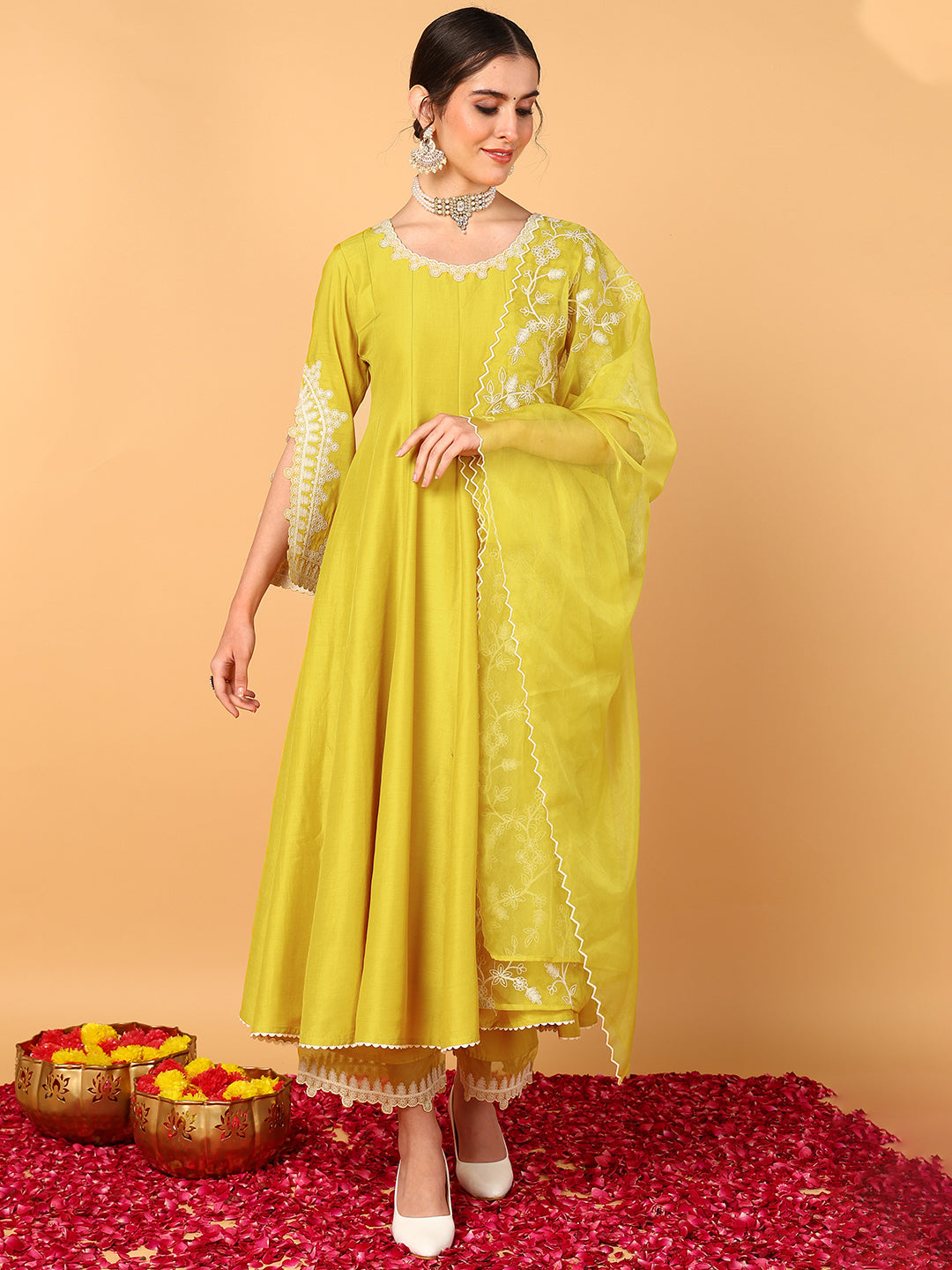 Women's Yellow Silk Blend Embroidered Anarkali Kurta Palazzo Set With Dupatta - Ahika