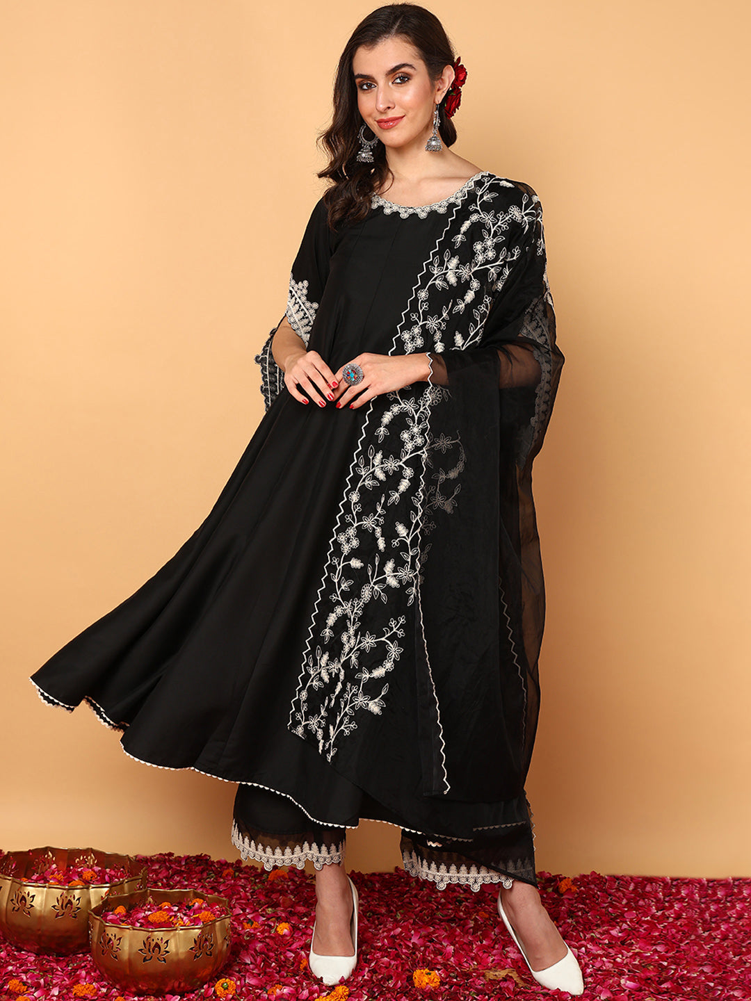 Women's Black Silk Blend Embroidered Anarkali Kurta Palazzo Set With Dupatta - Ahika