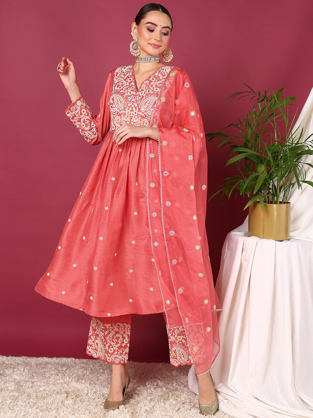 Women's Pink Silk Blend Solid Yoke Design Anarkali Kurta Palazzos With Dupatta - Ahika