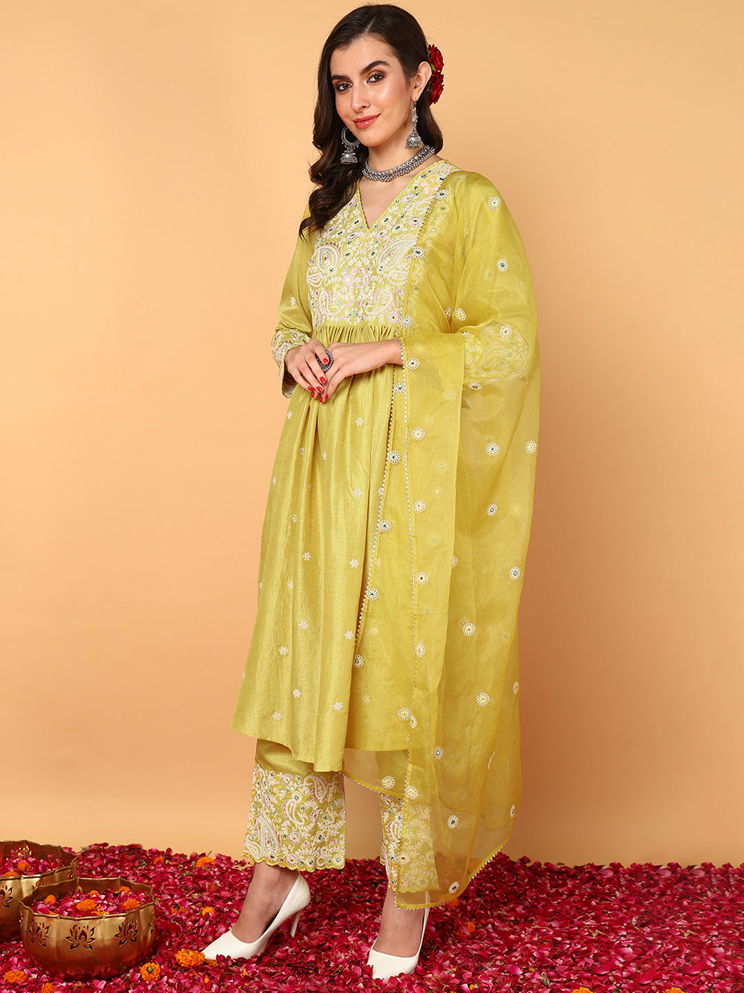 Women's Yellow Silk Blend Embroidered Anarkali Kurta Palazzo Set With Dupatta - Ahika