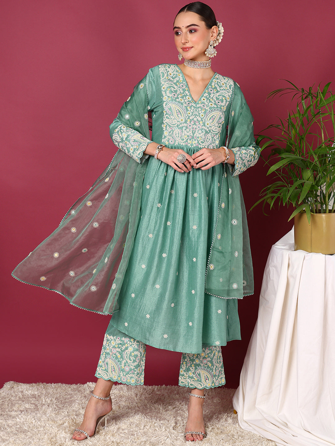 Women's Sea Green Silk Blend Solid Yoke Design Anarkali Kurta Palazzos With Dupatta - Ahika