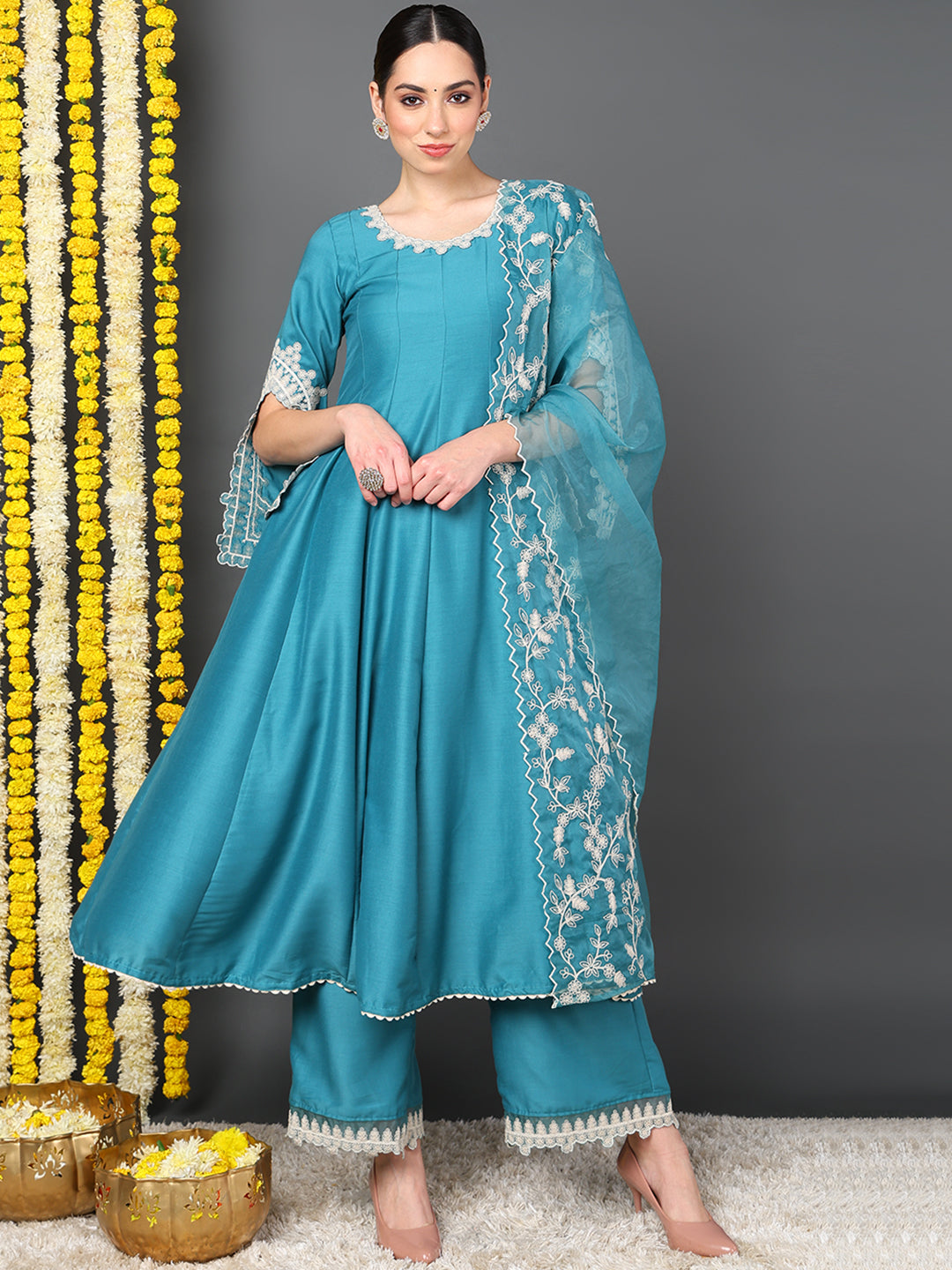 Women's Blue Silk Blend Embroidered Anarkali Kurta Pant Set With Dupatta - Ahika