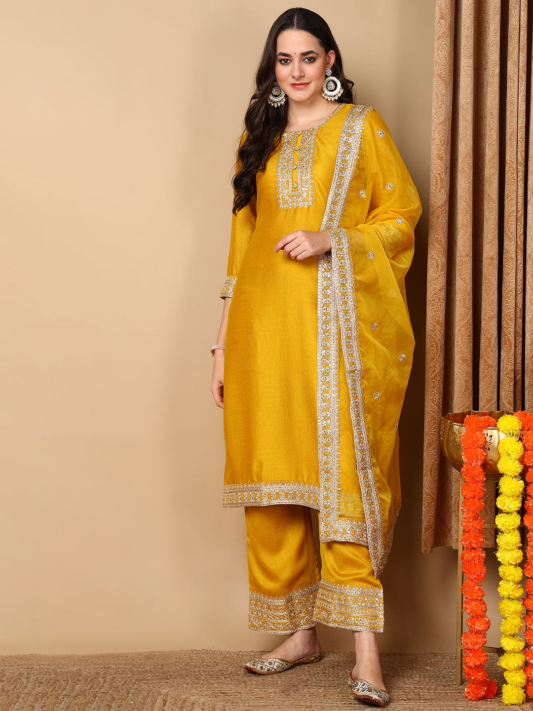 Women's Yellow Silk Blend Embroidered Straight Kurta Pant Set With Dupatta - Ahika