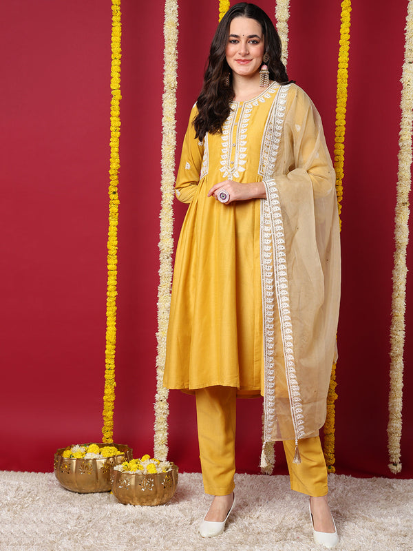 Women's Yellow Silk Blend Embroidered Anarkali Kurta Pant Set With Dupatta - Ahika