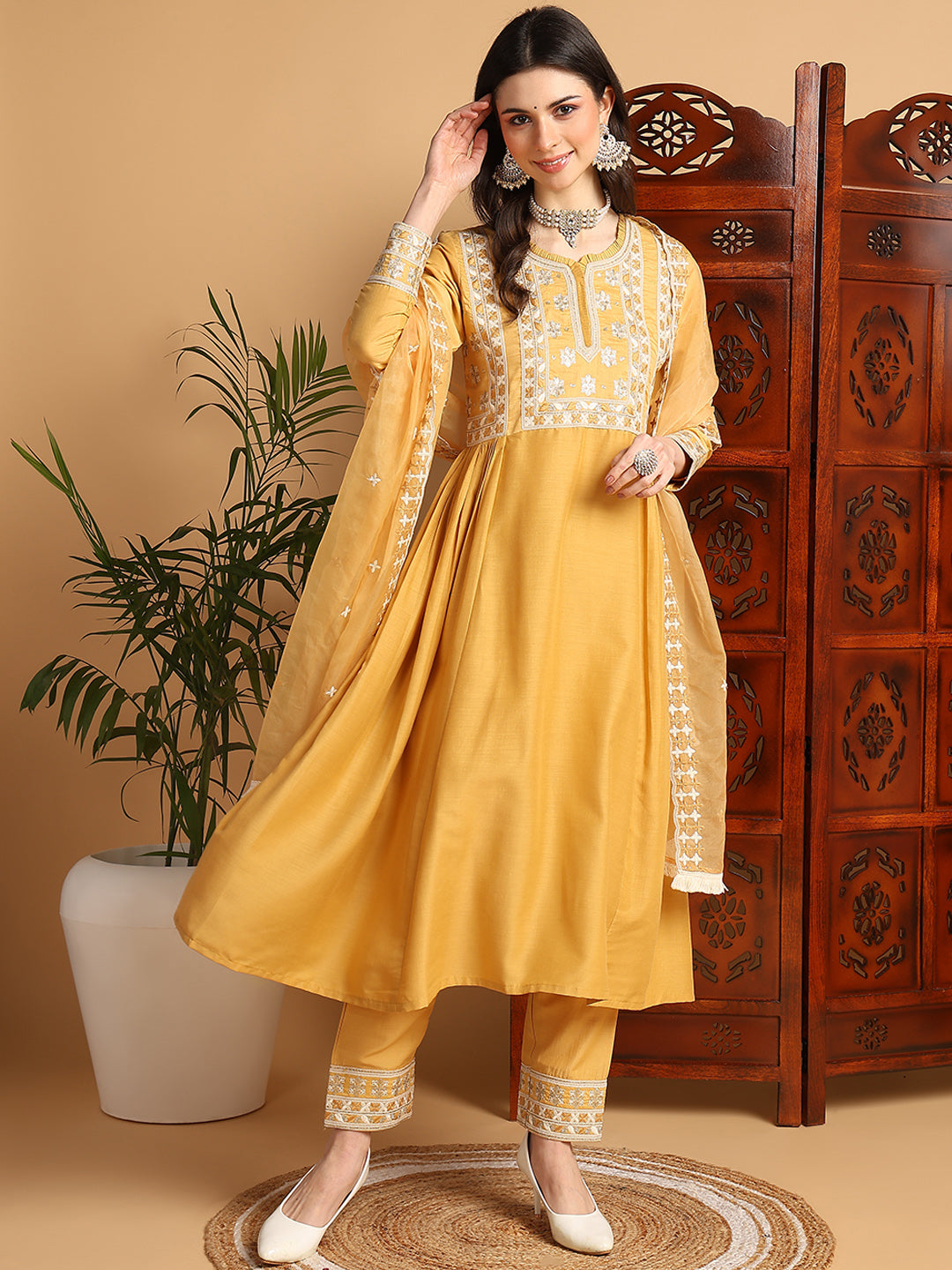 Women's Yellow Silk Blend Embroidered A-Line Kurta Pant Set With Dupatta - Ahika