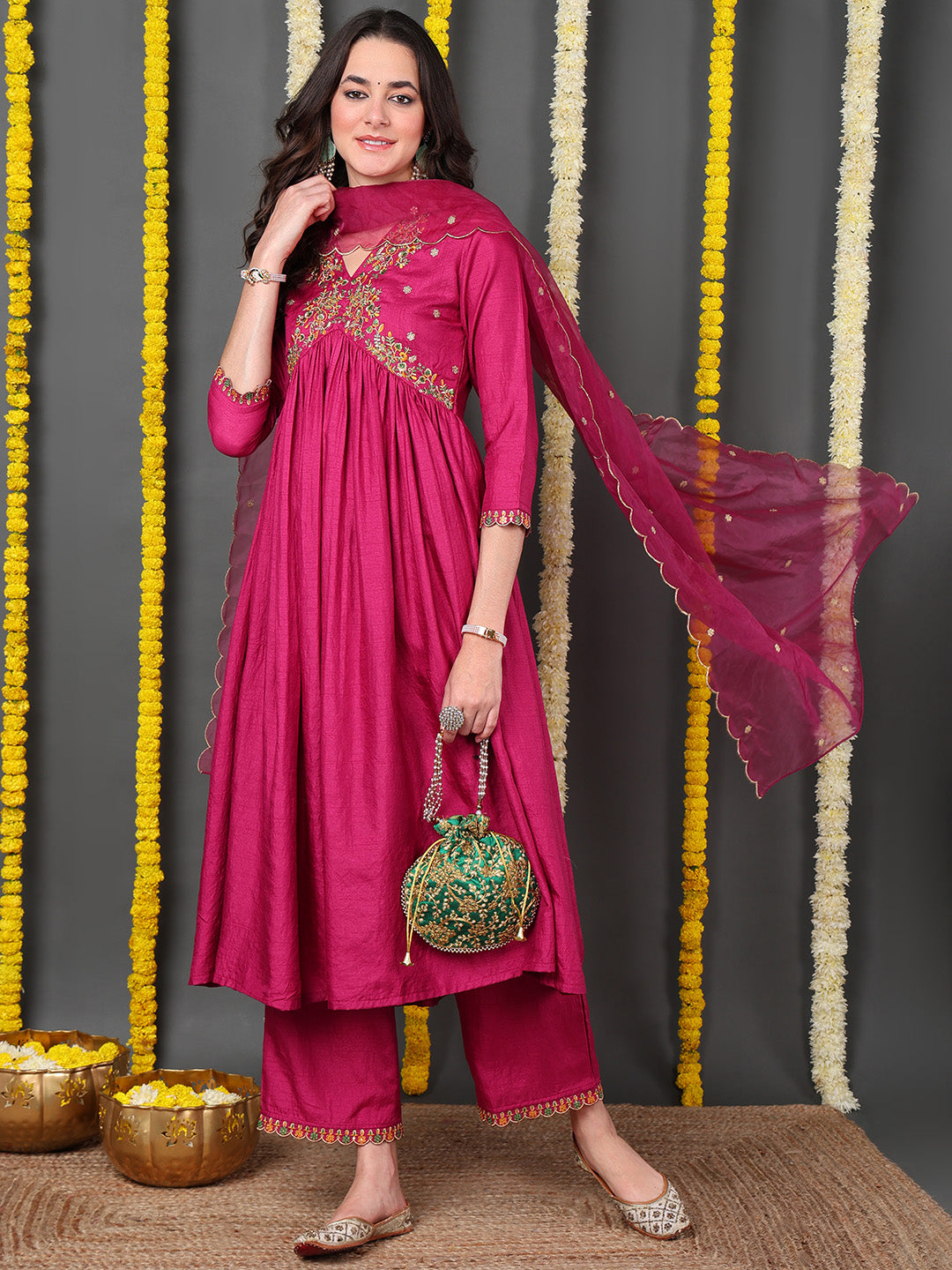 Women's Pink Silk Blend Embroidered Anarkali Kurta Pant Set With Dupatta - Ahika