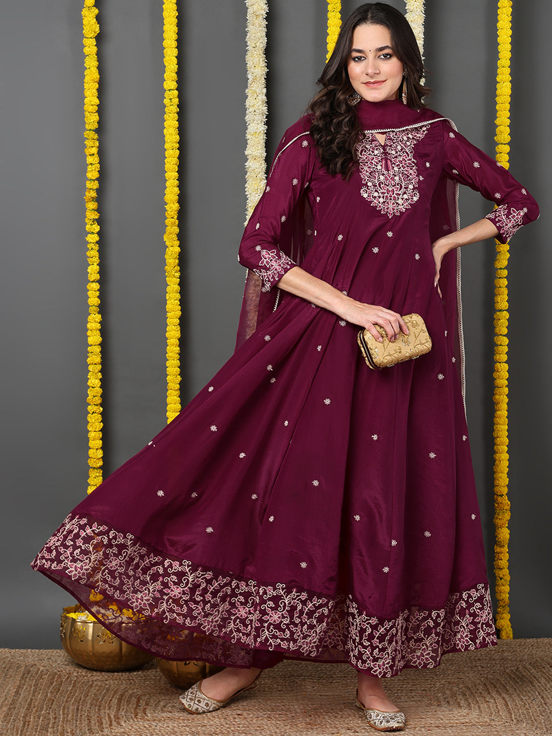 Women's Maroon Silk Blend Embroidered Anarkali Kurta Pant Set With Dupatta - Ahika