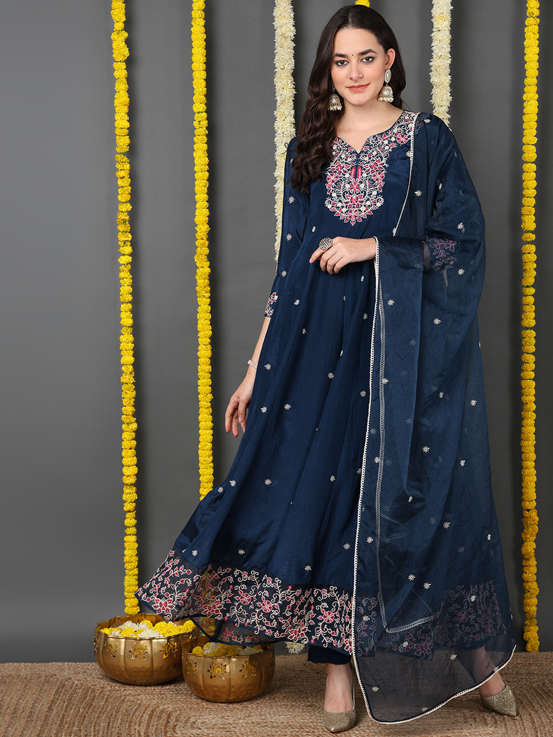 Women's Blue Silk Blend Embroidered Anarkali Kurta Pant Set With Dupatta - Ahika