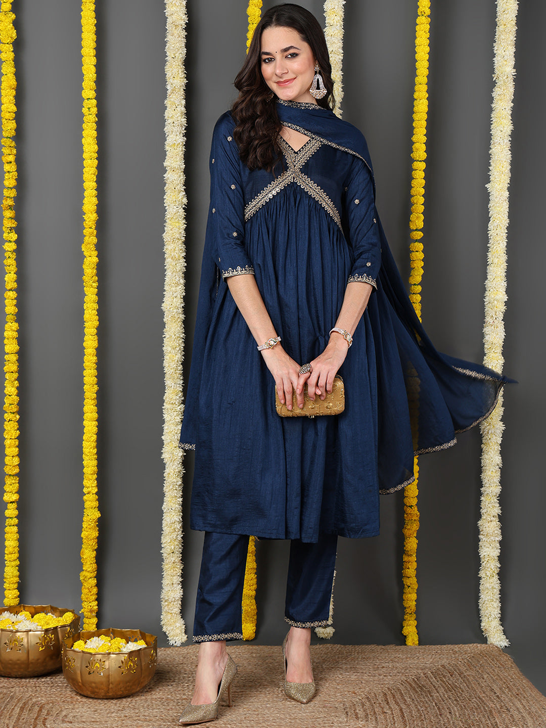 Women's Navy Blue Silk Blend Embroidered Anarkali Kurta Pant Set With Dupatta - Ahika