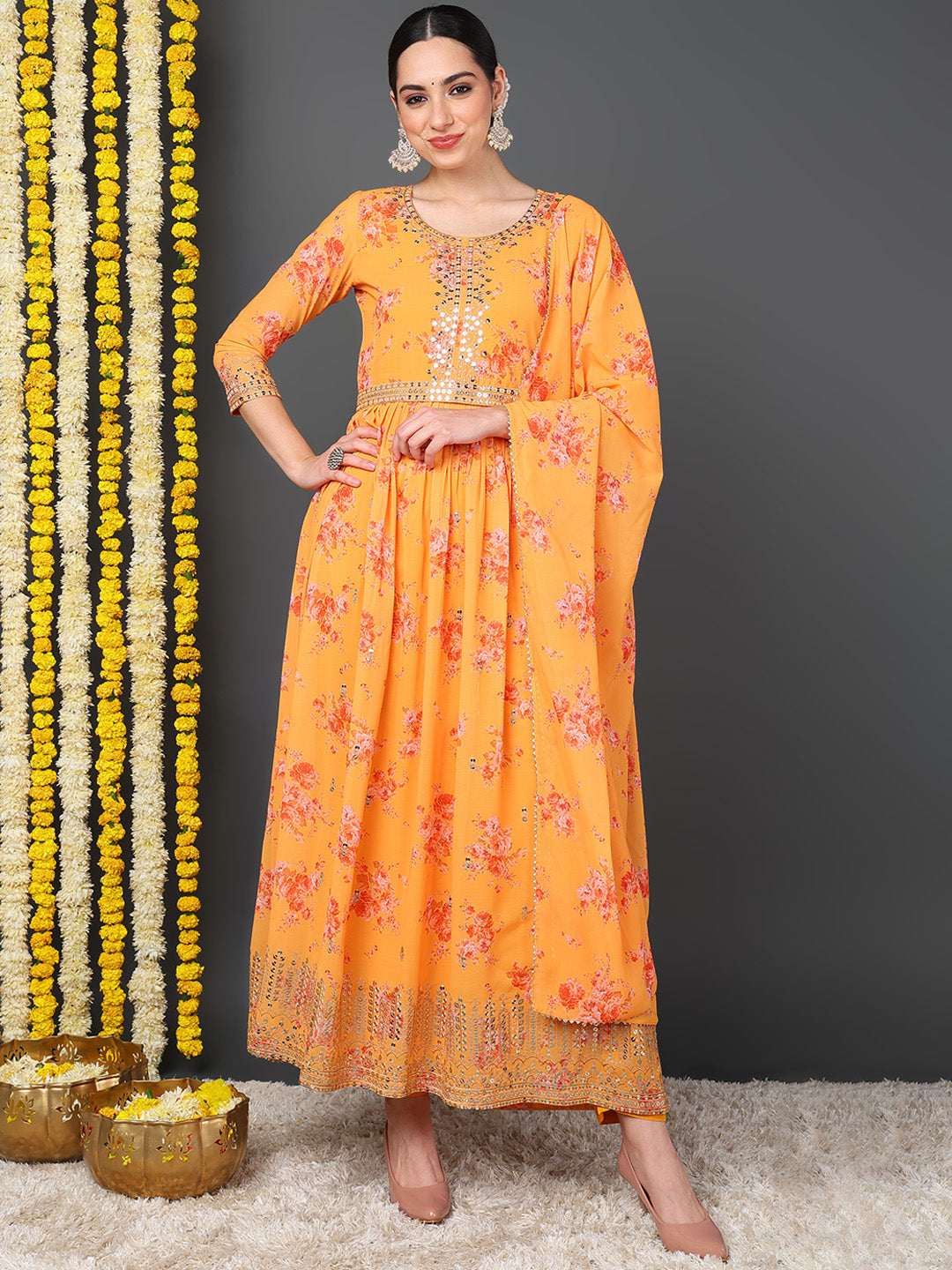 Women's Orange Georgette Embroidered Anarkali Kurta Pant Set With Dupatta - Ahika