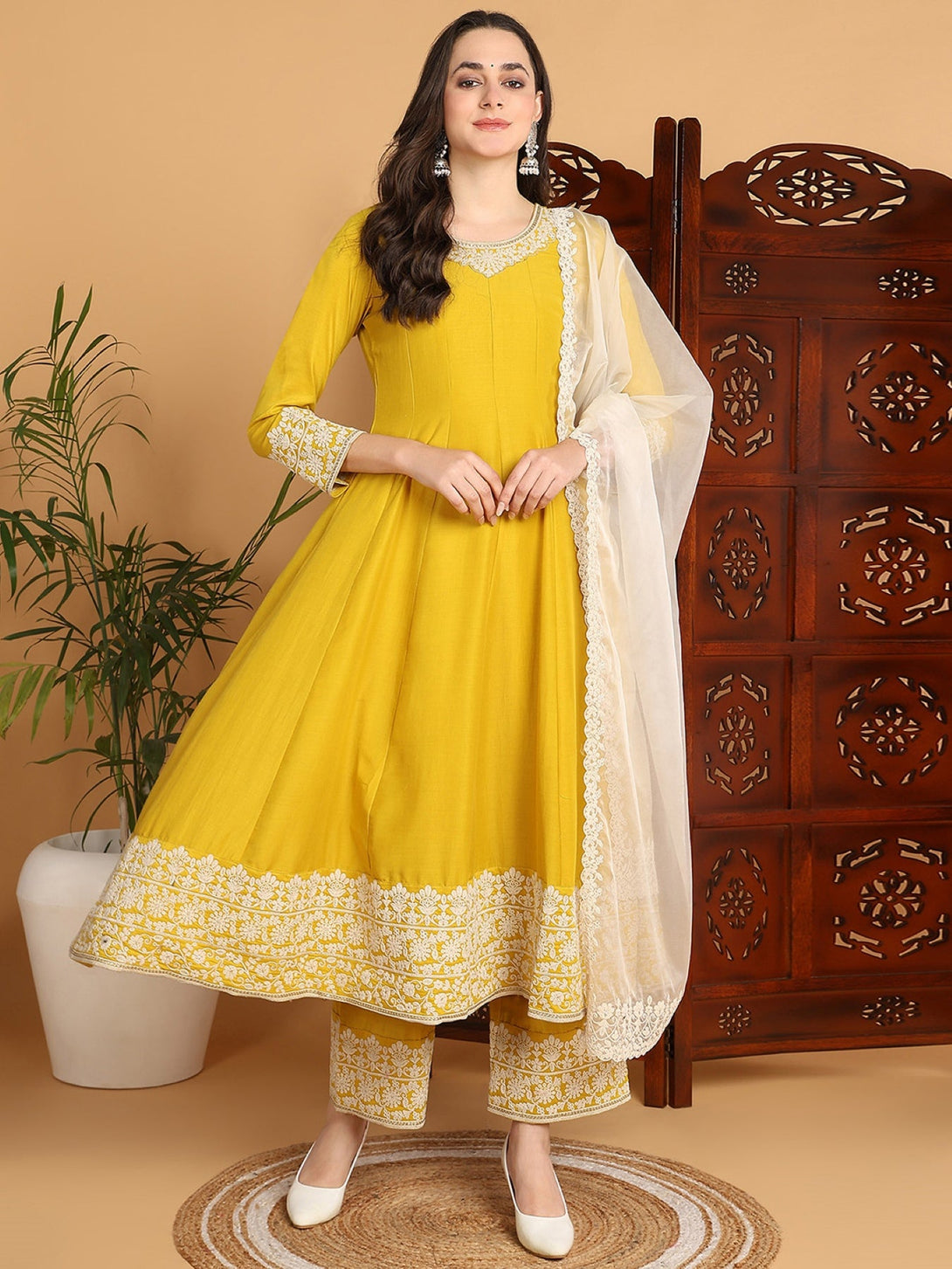 Women's Yellow Silk Blend Embroidered Anarkali Kurta Pant Set With Dupatta - Ahika