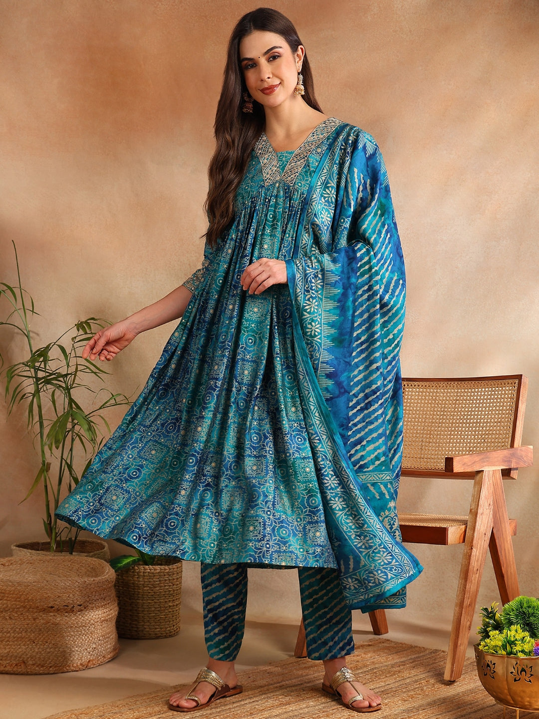 Women's Teal Polyester Printed Anarkali Kurta Pant Set With Dupatta - Ahika