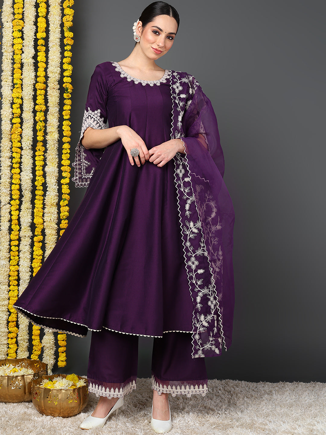 Women's Purple Silk Blend Embroidered Anarkali Kurta Pant Set With Dupatta - Ahika